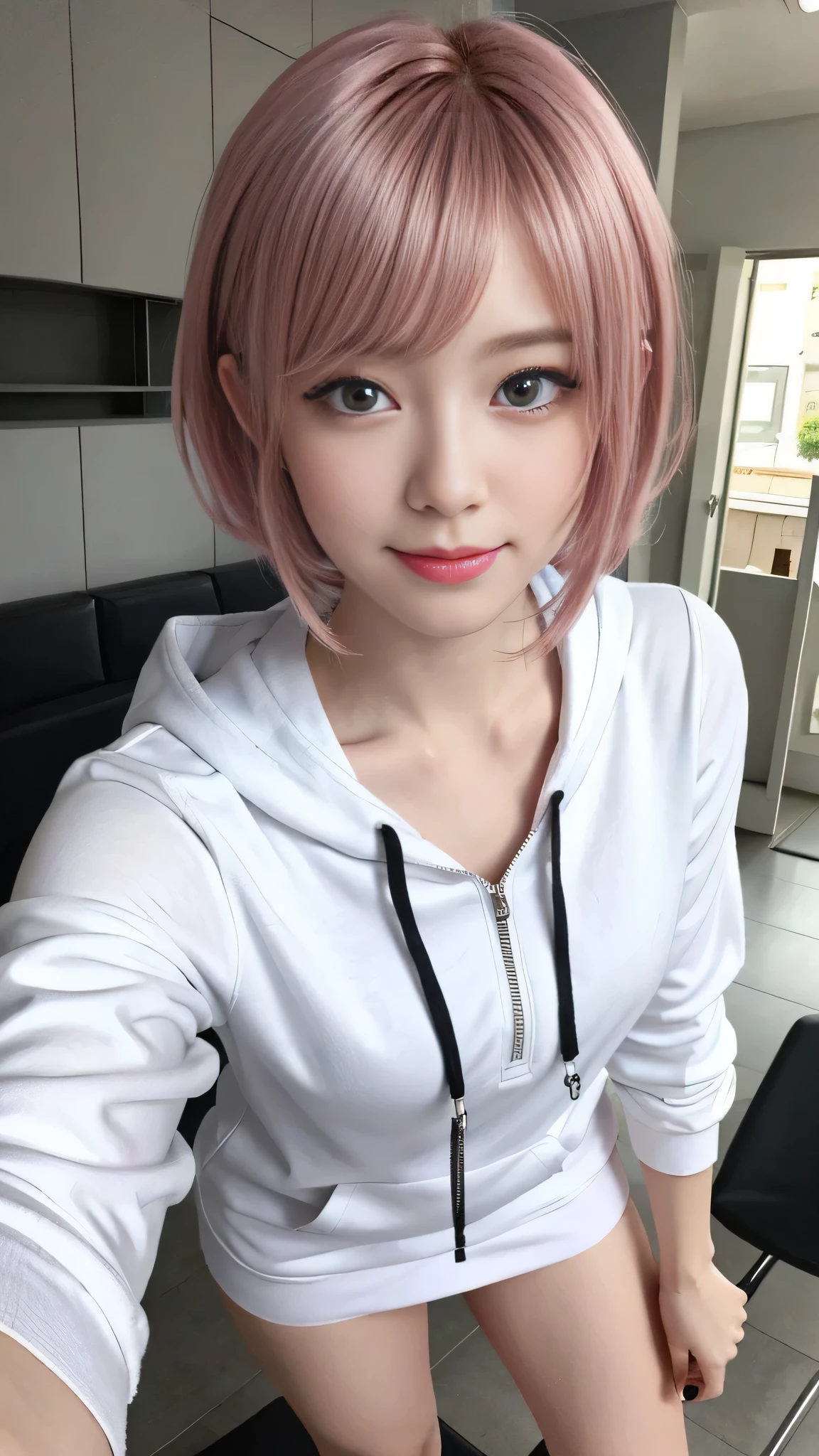 A woman with pink hair and a white hoodie, mini skirt、A head fan is hanging around his neck、Anime realism style, Unreal 5. RPG Portrait, cgsociety portrait, Realistic art style, Smooth anime CG art, Photorealistic Anime Girl Rendering, Realistic anime 3D style, Loss Draw 1. 0, Realistic 3D animation, ArtJam ; 3d unreal engine, Realistic anime art style,The background is space,The best smile、