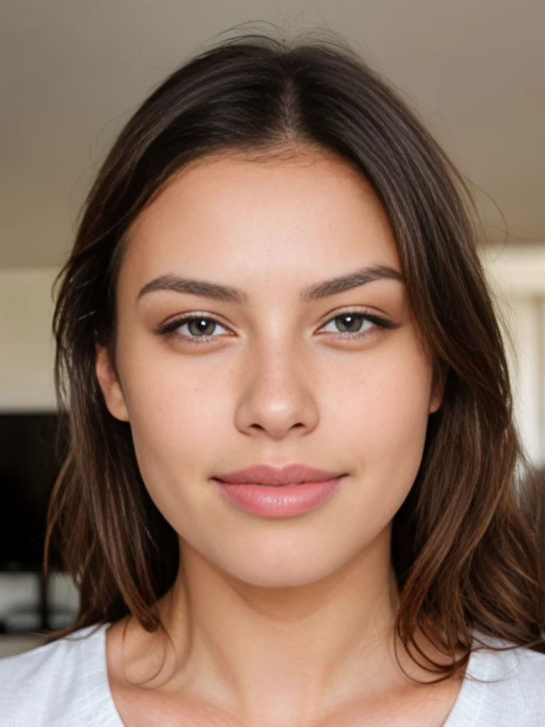 A beautiful girl, face detail, brown eyes, cuban woman, almond eye shape, cute gaze, full lips, diamond faceshape, little nose, standing in a living room, very detailed, naturally wavy brown hair, high quality, small wrinkles, 4k, 8k UH, charming smile, real life, extremely detailed, small dark circles, mole, imperfections, medium arch eyebrows shape, in front of me