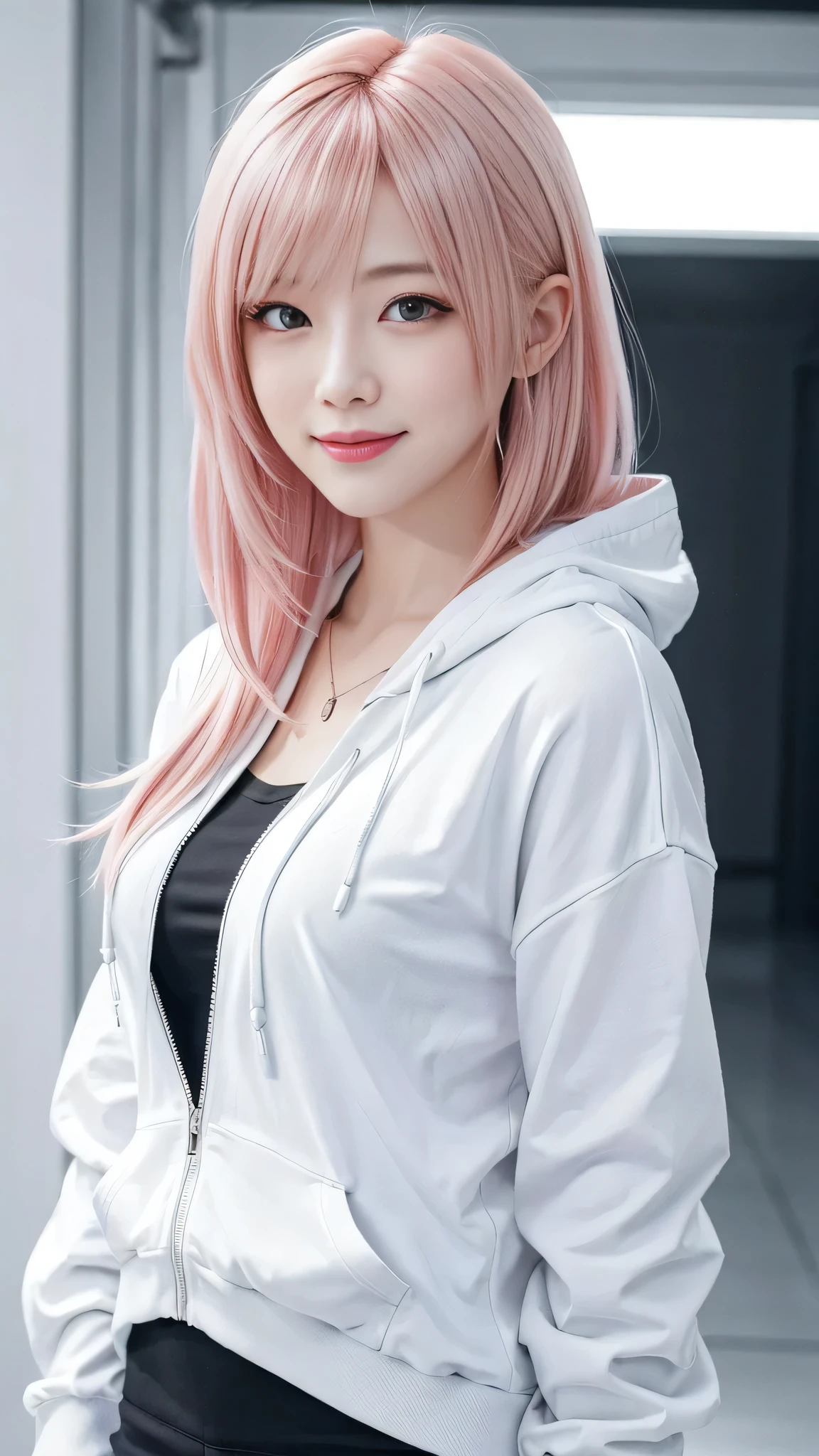 A woman with pink hair and a white hoodie, mini skirt、A head fan is hanging around his neck、Anime realism style, Unreal 5. RPG Portrait, cgsociety portrait, Realistic art style, Smooth anime CG art, Photorealistic Anime Girl Rendering, Realistic anime 3D style, Loss Draw 1. 0, Realistic 3D animation, ArtJam ; 3d unreal engine, Realistic anime art style,The background is space,The best smile、