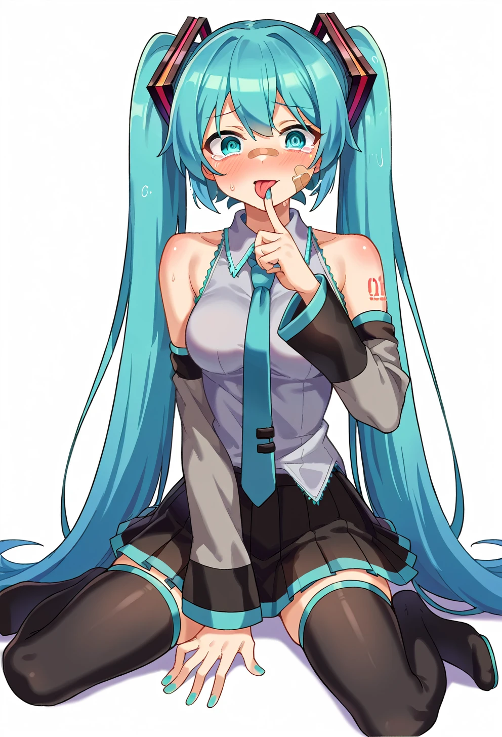 score_9, source_anime,
1girl, solo, hatsune miku, long hair, tongue, necktie, tongue out, twintails, skirt, thighhighs, detached sleeves, breasts, shirt, black thighhighs, very long hair, medium breasts, :p, tattoo, sitting, pleated skirt, bare shoulders, looking at viewer, black skirt, hair ornament, white background, grey shirt, nail polish, collared shirt, bangs, shoulder tattoo, zettai ryouiki, Face full of scars、Skin shiny with sweat、 injured scared girl、 crying wet bursting out eyes, real tears streaming down face, ultra-detailed eyes,bandaid on face,covered with mud,expression of despair,Illumination that emphasizes shiny sweat{{{Spread }}},(crotch rope walking:1.0), simple background, aqua hair, long sleeves, aqua eyes, hand up, sleeveless, akanbe, black sleeves