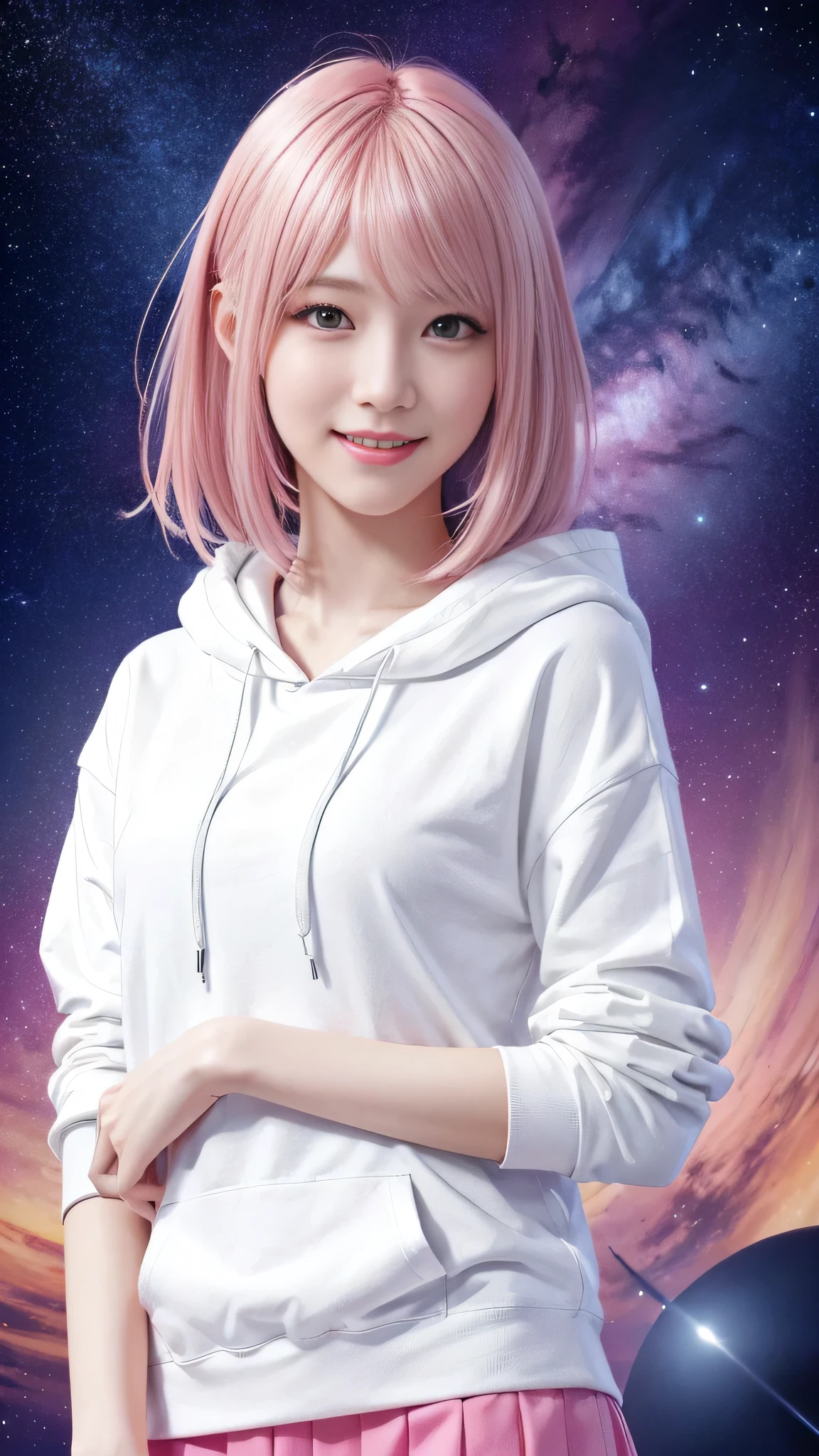 A woman with pink hair and a white hoodie, mini skirt、A head fan is hanging around his neck、Anime realism style, Unreal 5. RPG Portrait, cgsociety portrait, Realistic art style, Smooth anime CG art, Photorealistic Anime Girl Rendering, Realistic anime 3D style, Loss Draw 1. 0, Realistic 3D animation, ArtJam ; 3d unreal engine, Realistic anime art style,The background is space,The best smile、