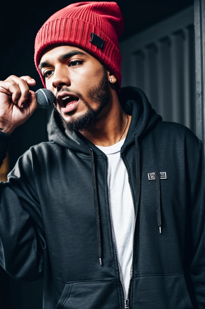 modern day rapper wearing alternative style clothing with a Beanie and zip up hoodie singing