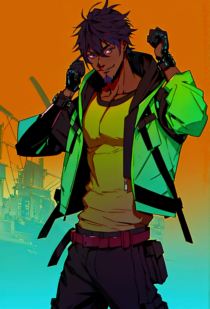 Post Apocalypse background, Anime - style illustration of a young adult male wearing an oversize turquoise tank top with black hoodie and chained belts around his waist, "(best quality,ultra-detailed),detailed right hand,(Fingerless Glove,Gloved hands), | | |, male anime character, City background, Sunset gradient background, Faded haircut, Black teenager, Young African-American man, smiling, goatee, black hair, afro hair, purple eyes