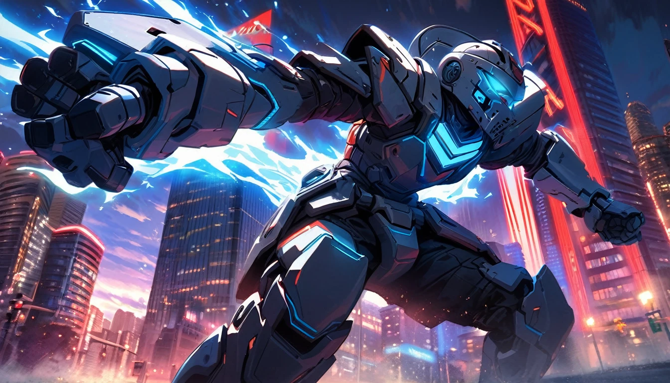 Mech suit, standing, Downtown Vancouver, high-quality artwork, vibrant colours, metal armour, intense lighting, cityscape background, heroic pose, dramatic shadows, black suit with red neon lights, dynamic motion, hockey goalie faceplate, hockey goalie helmet, video game, blue electric fists