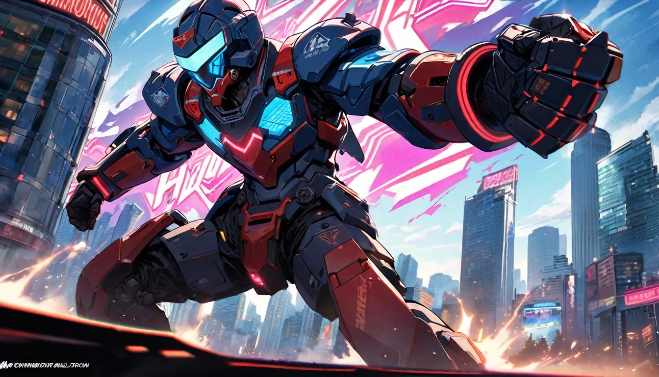 Mech suit, standing, Downtown Vancouver, high-quality artwork, vibrant colours, metal armour, intense lighting, cityscape background, heroic pose, dramatic shadows, black suit with red neon lights, dynamic motion, hockey goalie faceplate, hockey goalie helmet, video game, blue electric fists
