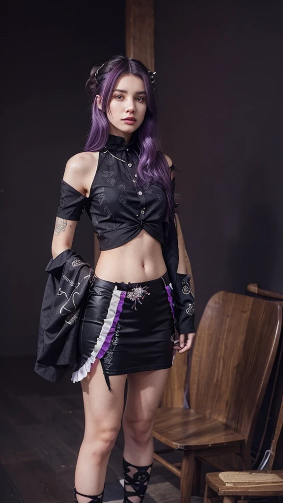 Purple hair, black patterned clothes as shown in the picture