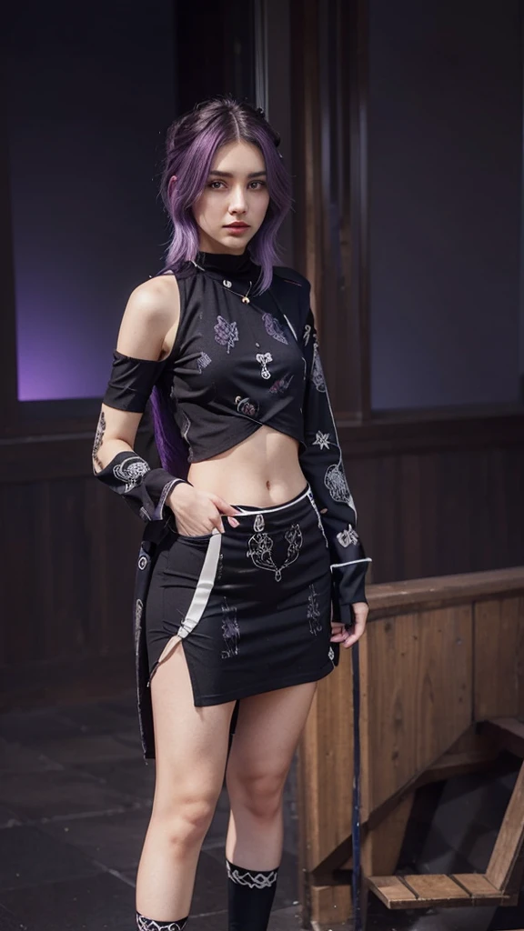 Purple hair, black patterned clothes as shown in the picture