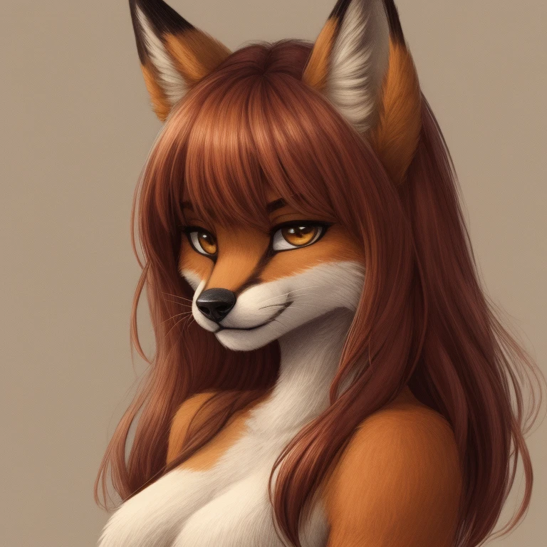 1 girl, beige fur, fox girl, medium breasts, , portrait, simple background, (furry:1.5)