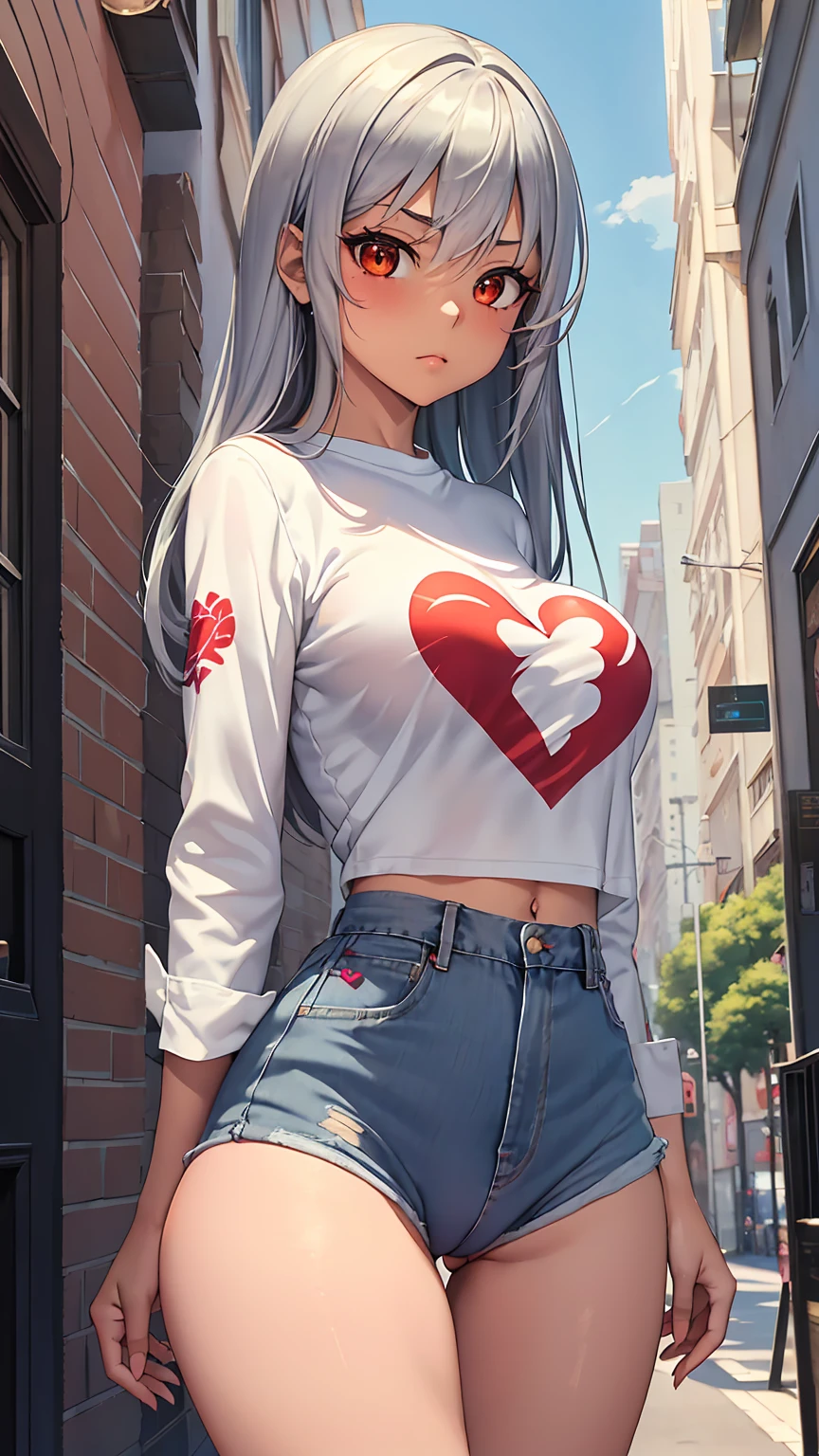 1girl, anime girl, anime, (dark skin), 2d girl, 18y, (fullbody), standing, anime girl, pensive, (silver hair), ((large white shirt with a red heart printed on it)), Solo, Slim, large breasts, big , big Breasts, Tight Shorts, low waist shorts, upshorts, skyscrapers background, modern city, looking at viewer, darker shadows, (((Wedgie))), (((explicit))), (((shorts))), (((absurdres))), (((thigh gap))), (((cameltoe))), (((cleft of venus))), (((lowleg shorts))), (((innie pussy))), (((inniepussy))), (((innie_pussy)))