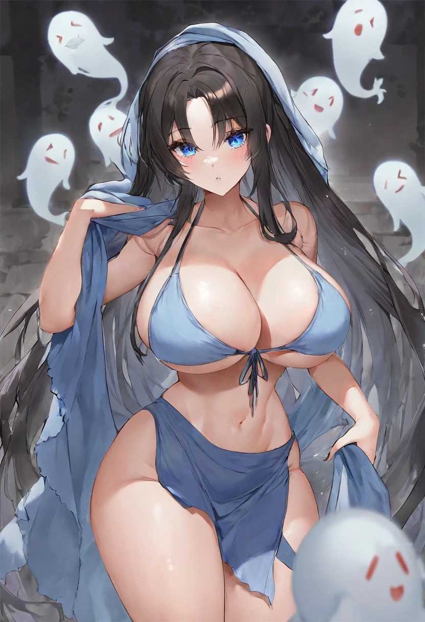 Black long hair，blue eyes，woman，Wearing blue rags，good body shape，It's a ghost