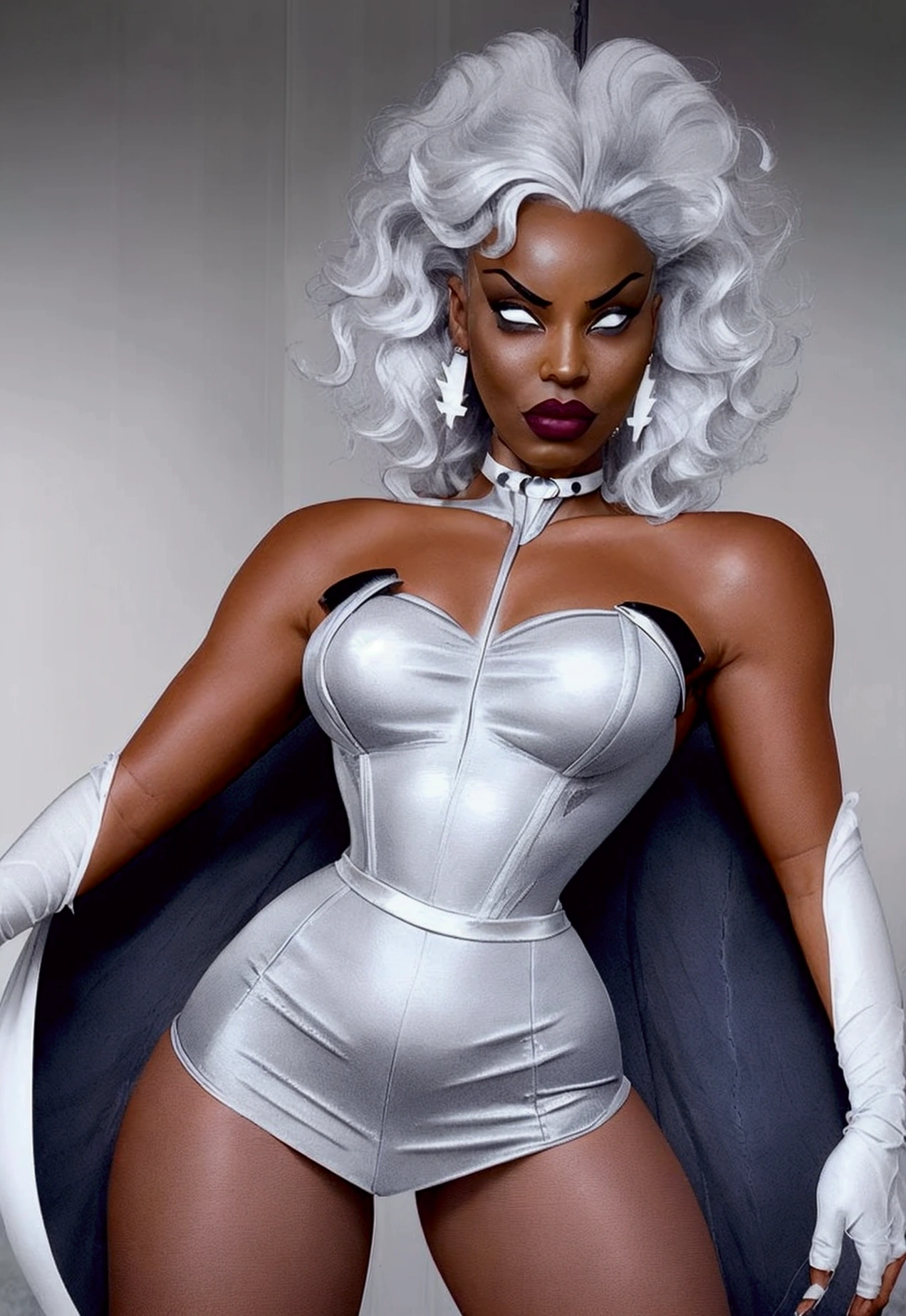 Beautiful and sensual Ororo Monroe in a white gothic warrior. Ororo, cape, thighigs, gloves, white hair, grey eyes, earrings, (Short hair), (strapless, exposed shoulder), (bodysuit),storm, dark skin, brown skin, white hair, ,Ororo, midriff, cape thigh highs gloves, bodysuit earrings short hair