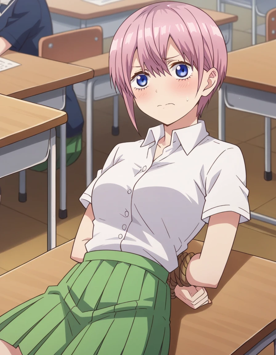 score_9, score_8_superior, score_7_superior, sauce_anime,
ichikanakano, Nakano Ichika, short hair, bangs, blue eyes, Hair between the eyes, Pink Hair, Pixie Cut,
skirt, shirt, , white shirt, Short sleeve, pleated skirt, collared shirt, sweater, green skirt, Waist clothes,
indoor, classroom, Embarrassed,Tied up with rope,Lying down,Watching the audience,superior半身