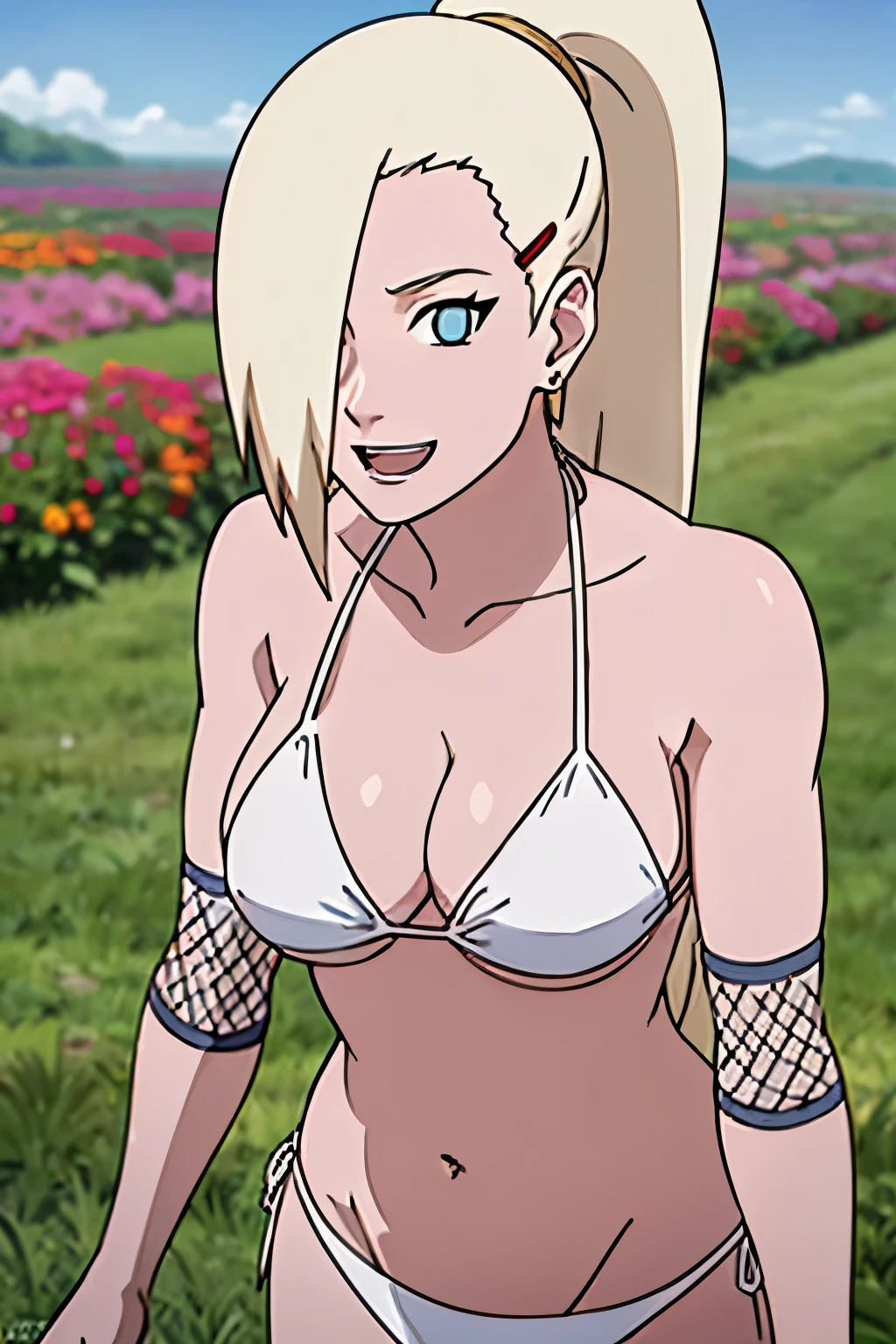 (White bikini:1.5), Ino yamanaka, ultra details, ultra detailed hair, looking at the viewer, gorgeous, attractive, groin, cowboy shot, ultra detailed face, (ultra detailed body:1.7), sunny day, day time, shiny skin, upper body view, anime style, solo, detailed flower field, blonde, (focus on breasts), ((one eye covered with hair, hair over eye, ponytail)), (medium breasts), belly button, looking at the viewer, thick arms, (off-shoulders, wide shoulders, curving body), hidden eye, smile, open mouth, very happy, tall, hair clip, sharp look, sharp face, sharp eye, cold colors,