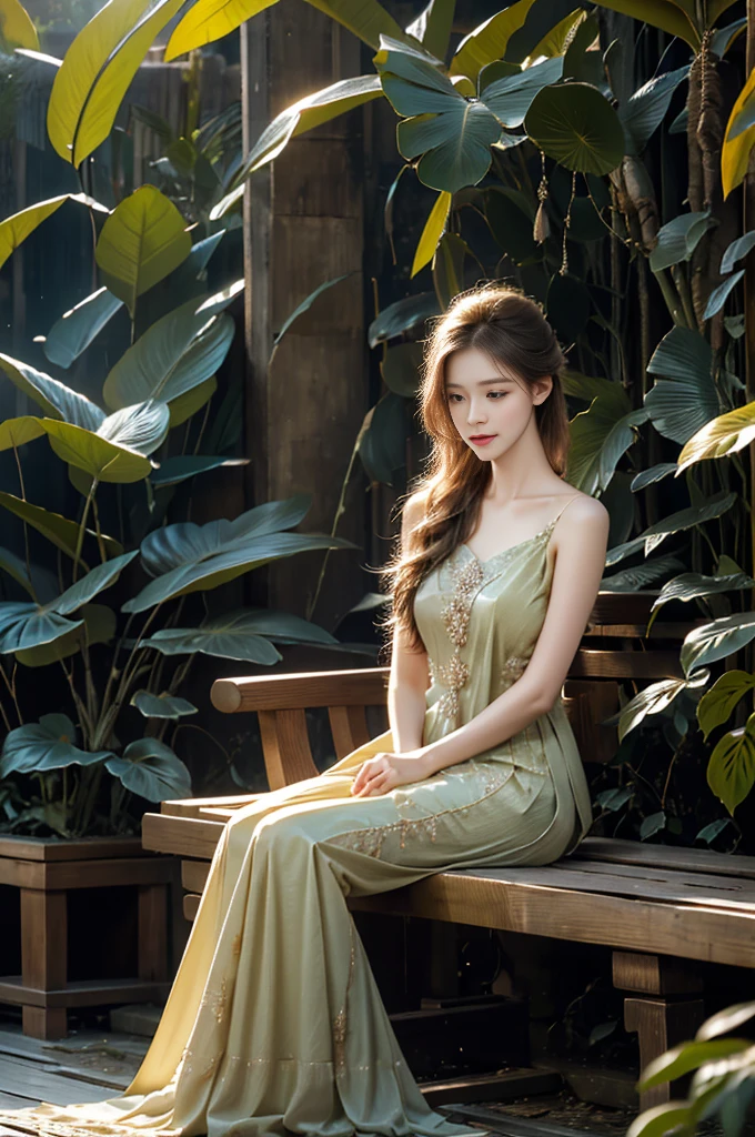 (best quality,4k,highres:1.2),ultra-detailed,realistic, portraits,colors with warm tones,golden hour lighting,a traditional Javanese garden in the background, vibrant colors, lush greenery, a tranquil waterfall, exotic flowers, traditional music playing in the background, sparkling dewdrops on leaves, intricate carvings on the wooden bench, a serene expression on her face, delicate jewelry, the sound of birds chirping, a gentle breeze, the smell of jasmine in the air.