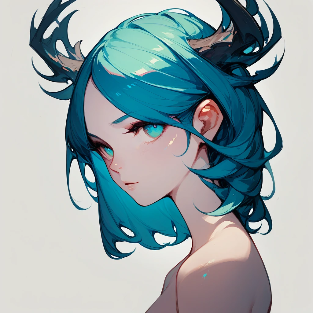 Ram's horn、Girl with Sheep's Horns、Aries、curly white hair、White background、Simple clothes、White Dress