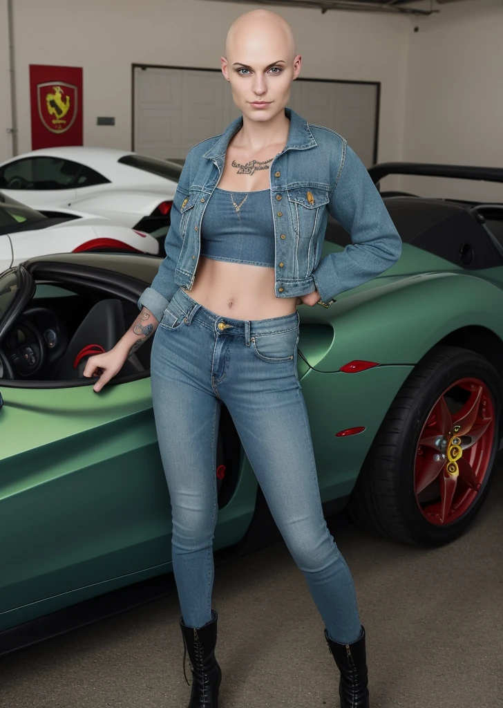 very pretty 19 years old girl with no hair without hair and no top and tattoos and and and green eyes in garage and without top and blue denim jeans jacket and tight jeans and black boots on red ferrari car 