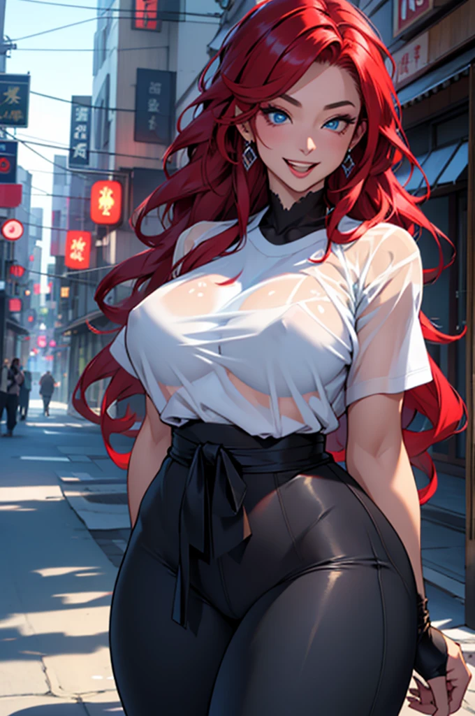 8k,masterpiece, best quality, ultra detailed, [perfect shadows and lighting], detailed background, incredible high-key lighting, ambient soft lighting,
young female, uzakihana, gorgeous face,japanese face, lips, makeup, stylish hair, perfect eyes, red hair, long hair, blue eyes,
huge breasts, thick things, wide hips, narrow waist
look at viewer, seductive, smile, smirk, open mouth, sexy pose,
, streets, in town, outdoors, see-through, undersized T-shirt clothes,