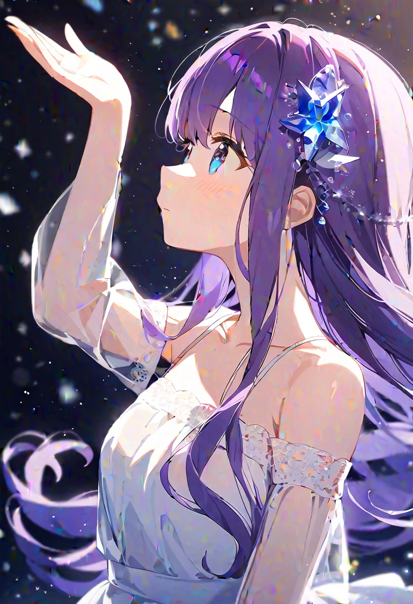 score_9, score_8_up, score_7_up, source_anime,
1girl, solo, blue eyes, long hair, dress, looking up, white dress, bare shoulders, hair ornament, purple hair, collarbone, arm up, from side, profile, see-through, blurry, depth of field, light particles,
