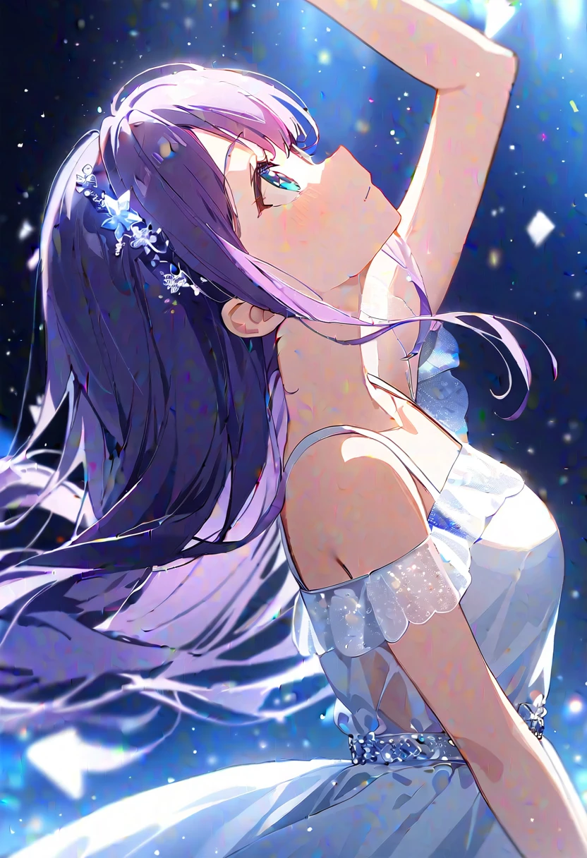 score_9, score_8_up, score_7_up, source_anime,
1girl, solo, blue eyes, long hair, dress, looking up, white dress, bare shoulders, hair ornament, purple hair, collarbone, arm up, from side, profile, see-through, blurry, depth of field, light particles,