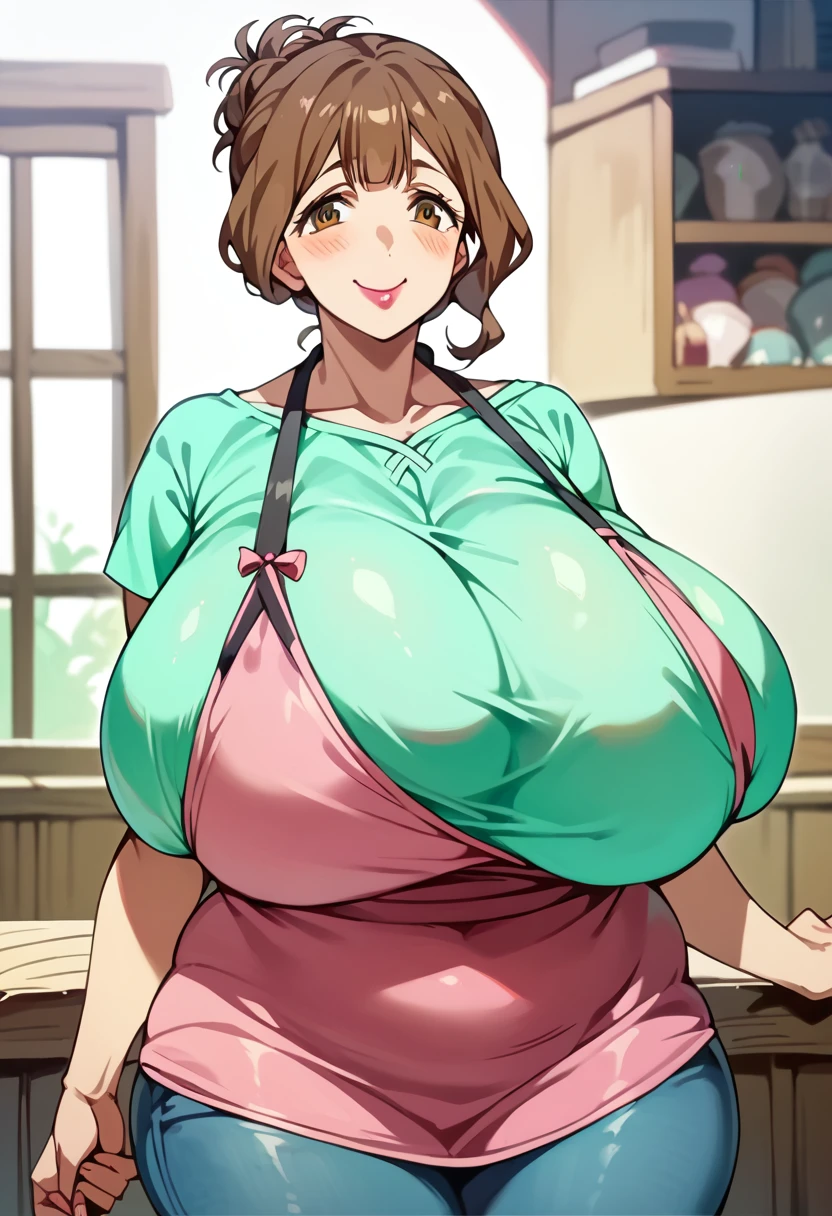 anime colord,kazami torino,(gigantic breasts:1.4),wide hip,thick thighs,plump,mature female,brown hair,updo,lipstick,tareme,light green shirt,pink apron,brue jeans,cowboy shot,blush