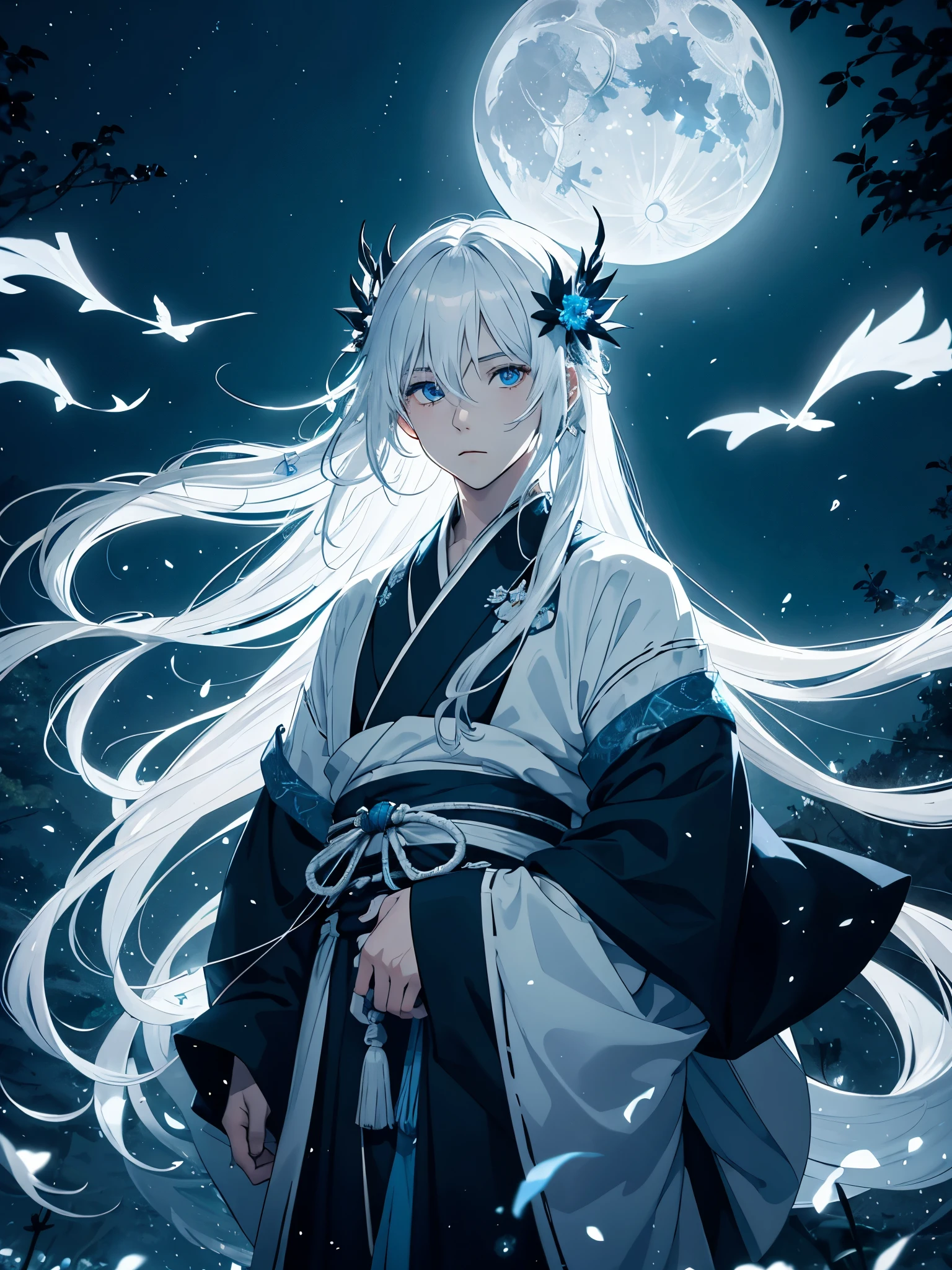 Mit weißer Schlange. Kimono. White crows. Ghosts. lights. magical. Power animals. Spirit. King of the moon. Long hair. long white hair. aquatic, boy,  silver hair accessories, White hair, blue flowers. Blue lights. full moon. holy. 