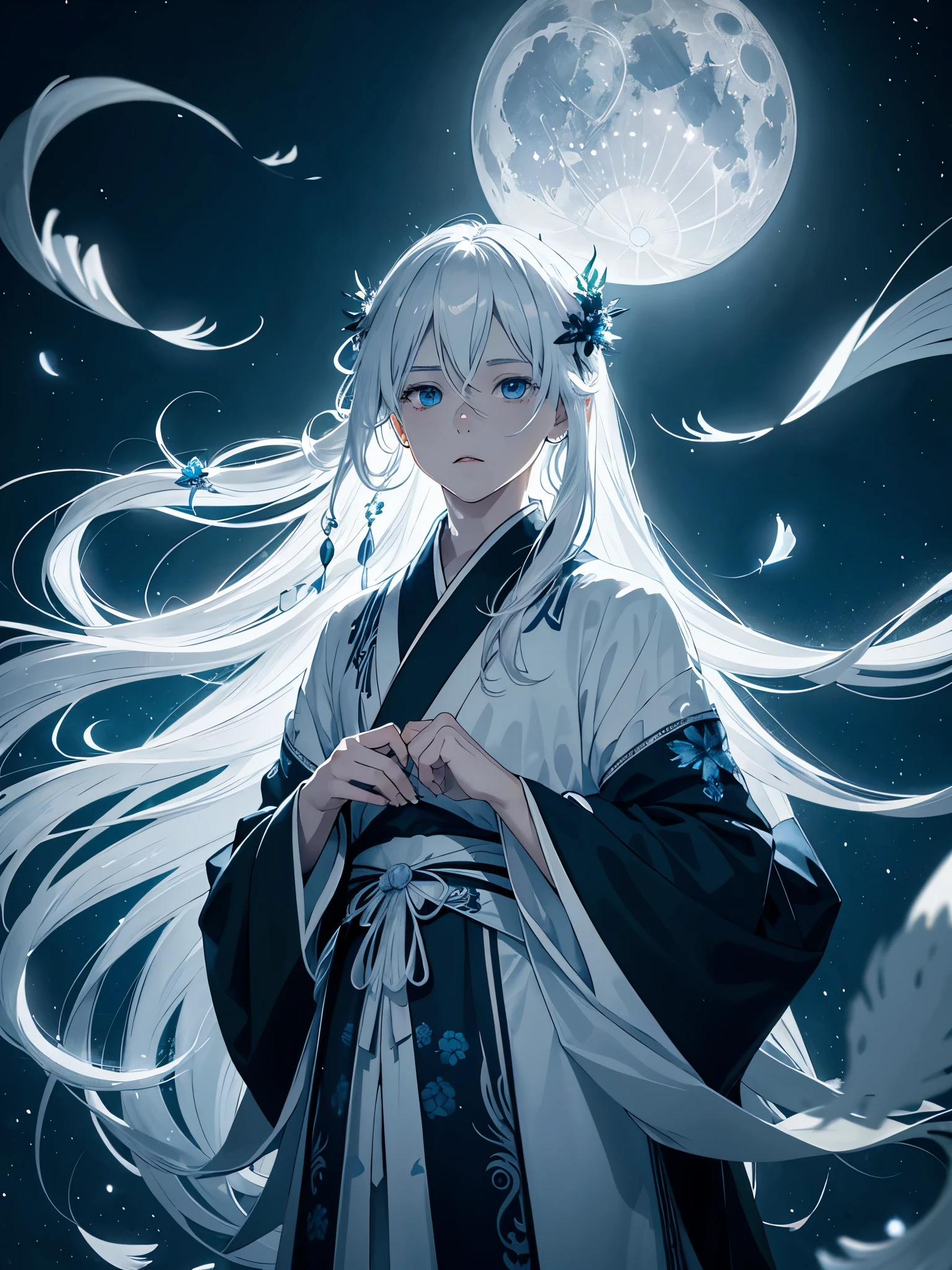 Mit weißer Schlange. Kimono. White crows. Ghosts. lights. magical. Power animals. Spirit. King of the moon. Long hair. long white hair. aquatic, boy, silver hair accessories, White hair, blue flowers. Blue lights. full moon. holy.