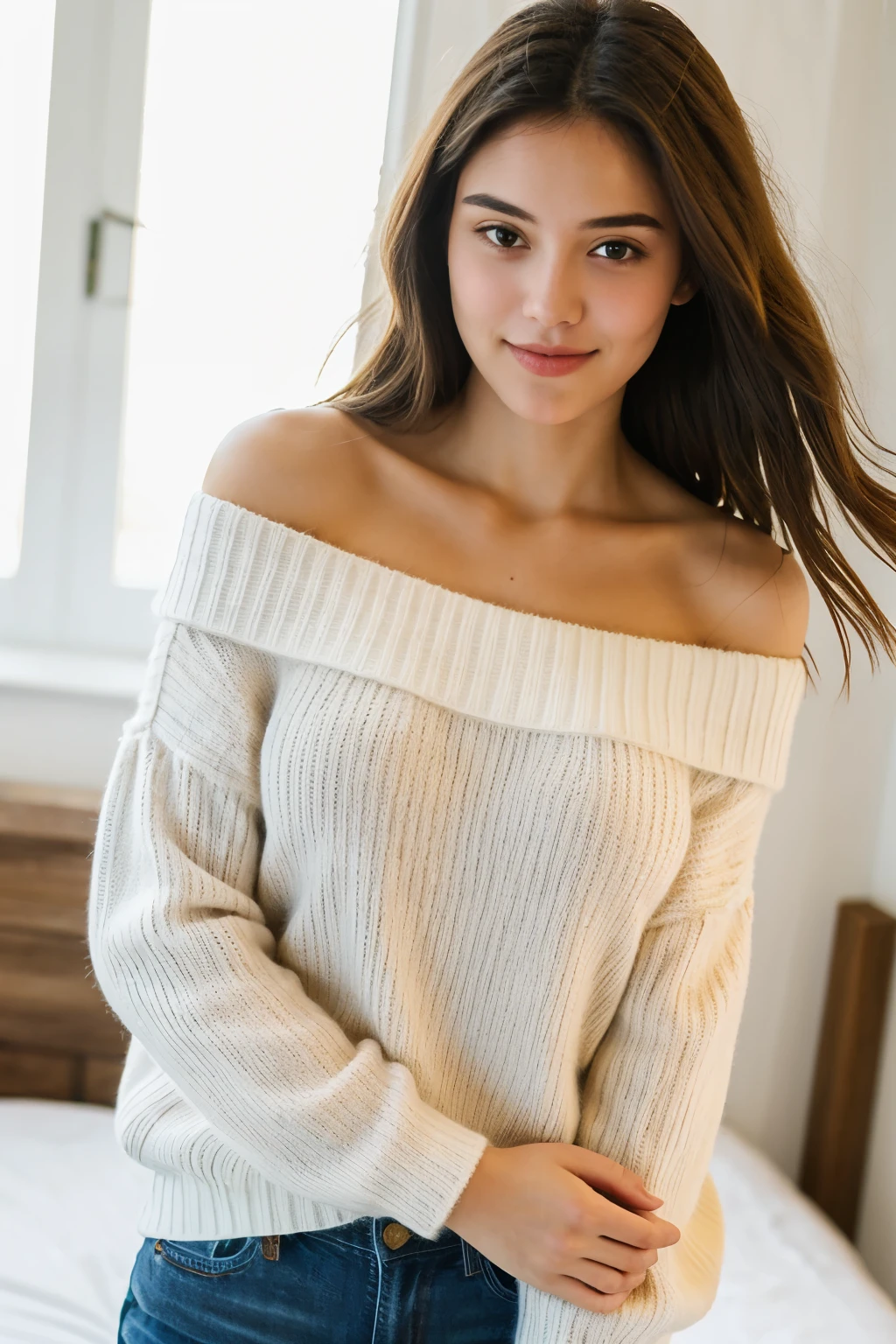 ((best quality)), ((masterpiece)), (detailed), 1girl, off-shoulder sweater, 