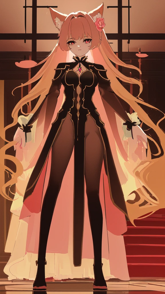 :Character: The same woman with fox ears and long pink hair.Clothing: She wears a similar outfit to the previous images, but in this image, her white garment has black and golden details. No ropes are visible in this image.Scene: She is standing with her arms raised and hands behind her head, with a soft and slightly seductive expression. The background suggests an indoor setting with red curtains.Additional Details: The golden details on her outfit and ears stand out, and there are flower petals floating in the air around her. Her pose and expression exude confidence and allure, making her appear both mysterious and inviting.