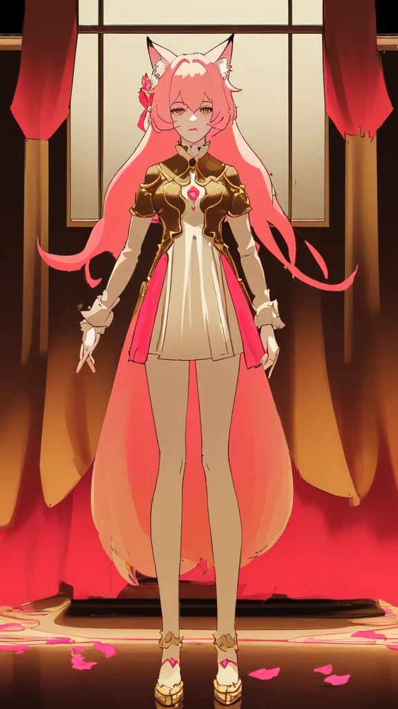:Character: The same woman with fox ears and long pink hair.Clothing: She wears a similar outfit to the previous images, but in this image, her white garment has black and golden details. No ropes are visible in this image.Scene: She is standing with her arms raised and hands behind her head, with a soft and slightly seductive expression. The background suggests an indoor setting with red curtains.Additional Details: The golden details on her outfit and ears stand out, and there are flower petals floating in the air around her. Her pose and expression exude confidence and allure, making her appear both mysterious and inviting.