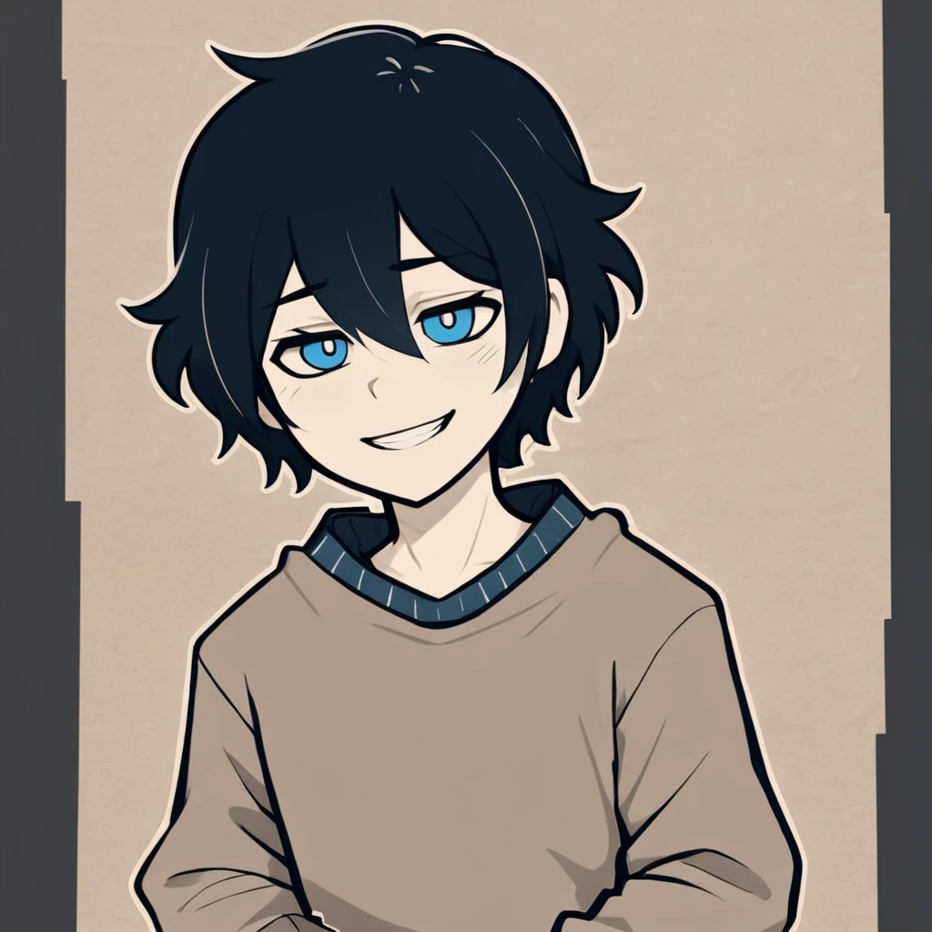 masterpiece, best quality, hires, high resolution, Andrew Graves , TCOAAL, white outline, bold outline, dark background, blue eyes, black hair, 1boy, solo, monochrome:0.1, (grey sweater:0.5), brown paper, smile, long sleeves,,
