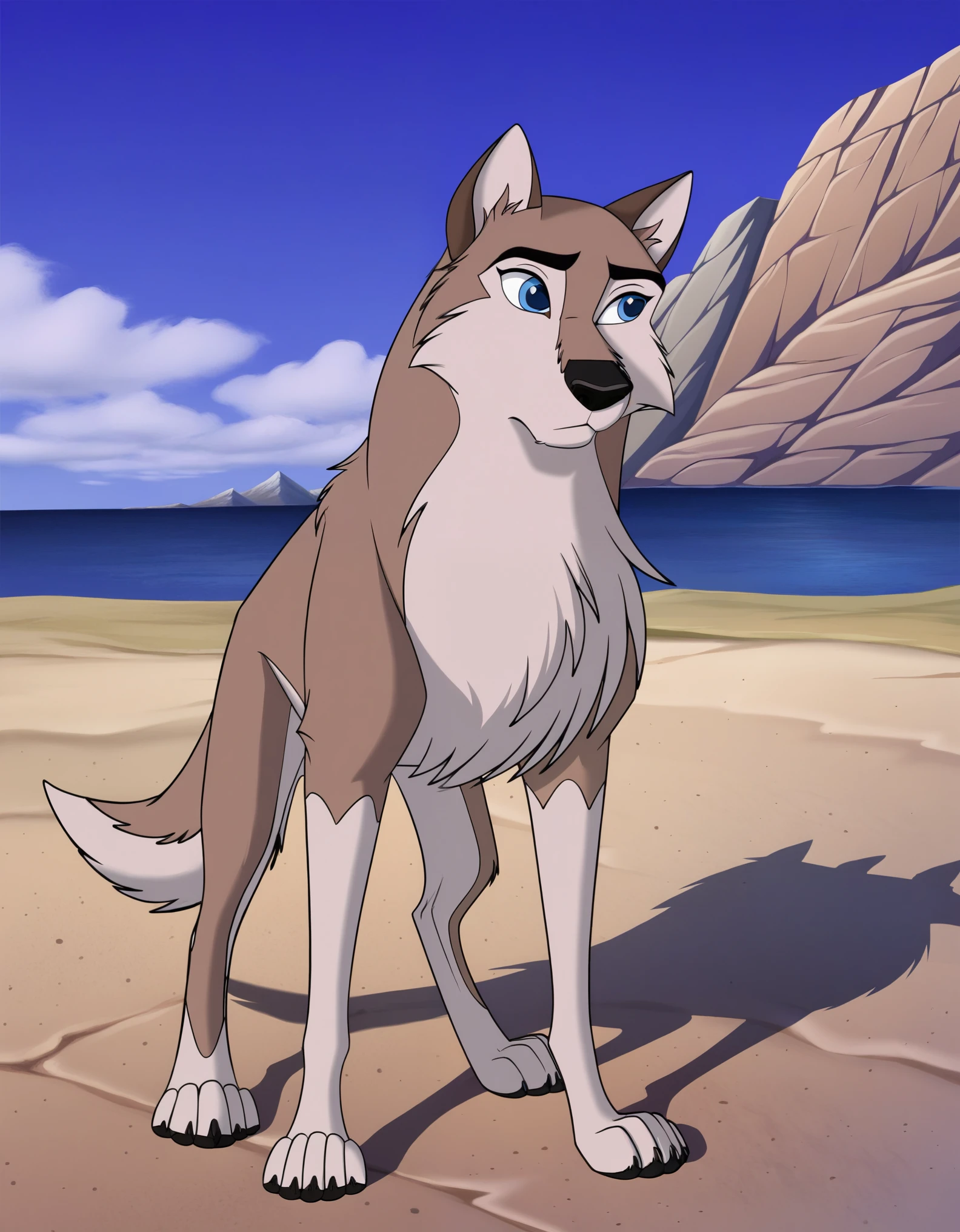 aleu, two tone fur, no humans, body fur, wolf, animal, solo, blue eyes, standing, full body, animal focus