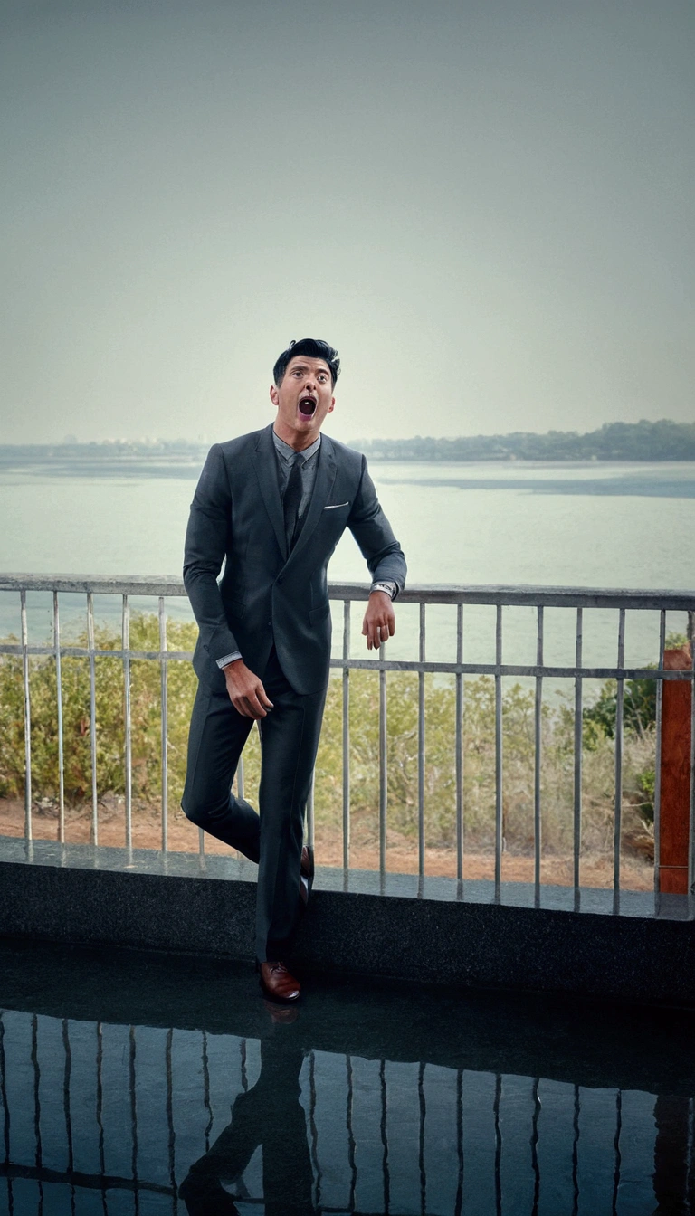 A handsome man with short black hair is wearing a charcoal gray suit. He has his mouth wide open, showing a very surprised expression.