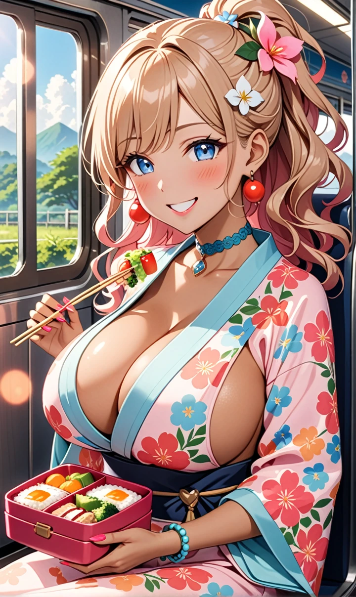 ultra-detailed, ((one girl)),  (tan skin:1.4), in pastel colors gyaru, (heavy makeup), (professional lighting) hyper detailed, absurdres, 8k, Beautiful Face, (Laugh shyly), ((teasing smile:1.6)), ((happy smile:1.5)),  ((Wink:1.6)), (Laugh with your mouth wide open),((Tilt your face:1.6)), View your viewers, ((Bright red cheeks:1.6)),Glossy shocking pink lips, ((huge breasts:1.6)),  ((undressing)), noon, summer, on the train, Anime style background)),masterpiece, Highest quality, (Brighten your face), so beautiful,Latest, Complex details, ((fluorescent pink long nail:1.2)), (ring),((bracelet)), ((Floral choker)),AI-generated, Complex,High resolution, Highest quality, super high quality,3D Images、3D Images,One person, honey blond long hair) (High Ponytail), (wavy hair:1.4), Anime woman posing for a photo, ((Fine grain、blue eyes、glowing eyes:1.3)), (Squint your eyes:1.1),a hyperRealistic , hyperRealistic , Realistic,Anime woman with long honey blonde hair, Smooth anime CG art, A girl in a gorgeous pastel-colored kimono, ((Pastel-colored furisode)),(Pink large floral pattern),  (sideboob), Long flower hair ornament,Big earrings, Mature Body, tall,Narrow waist, portrait, (Sit in your seat), (learning forward:1.0), (Eating a makunouchi bento:1.2),