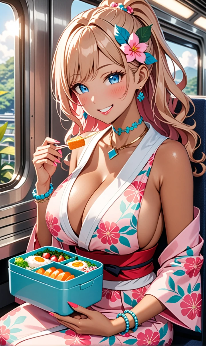 ultra-detailed, ((one girl)),  (tan skin:1.4), in pastel colors gyaru, (heavy makeup), (professional lighting) hyper detailed, absurdres, 8k, Beautiful Face, (Laugh shyly), ((teasing smile:1.6)), ((happy smile:1.5)),  ((Wink:1.6)), (Laugh with your mouth wide open),((Tilt your face:1.6)), View your viewers, ((Bright red cheeks:1.6)),Glossy shocking pink lips, ((huge breasts:1.6)),  ((undressing)), noon, summer, on the train, Anime style background)),masterpiece, Highest quality, (Brighten your face), so beautiful,Latest, Complex details, ((fluorescent pink long nail:1.2)), (ring),((bracelet)), ((Floral choker)),AI-generated, Complex,High resolution, Highest quality, super high quality,3D Images、3D Images,One person, honey blond long hair) (High Ponytail), (wavy hair:1.4), Anime woman posing for a photo, ((Fine grain、blue eyes、glowing eyes:1.3)), (Squint your eyes:1.1),a hyperRealistic , hyperRealistic , Realistic,Anime woman with long honey blonde hair, Smooth anime CG art, A girl in a gorgeous pastel-colored kimono, ((Pastel-colored furisode)),(Pink large floral pattern),  (sideboob), Long flower hair ornament,Big earrings, Mature Body, tall,Narrow waist, portrait, (Sit in your seat), (learning forward:1.0), (Eating a makunouchi bento:1.2),