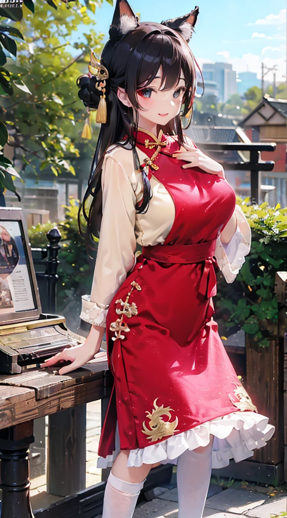 Cosplay girls，Mature girl，Big breasts，Big breasts，mature body，Clothes with bells and whistles，lace，Lace decoration，cosplay，Card issuance，猫耳Card issuance，Card issuance耳朵，Gorgeous clothes，Anime style girl，cheongsam，cheongsam，Kimono style，Fox ears，Big animal ears，兽耳Card issuance，Close-up above the waist镜头，Close-up above the waist，Close-up above the waist，Close-up above the waist，Coordinated body proportions，Golden ratio figure，Short skirt，Modern Background，Big Ass，Modern Background，Comic Con background，Comic Con background，Comic Con background，Background of the venue，Hilarious background，Exhibition Background，Knee socks，Silk socks，Silk texture，maternal，maternal，kindliness，Smile，Smile，Married Woman，Long hair