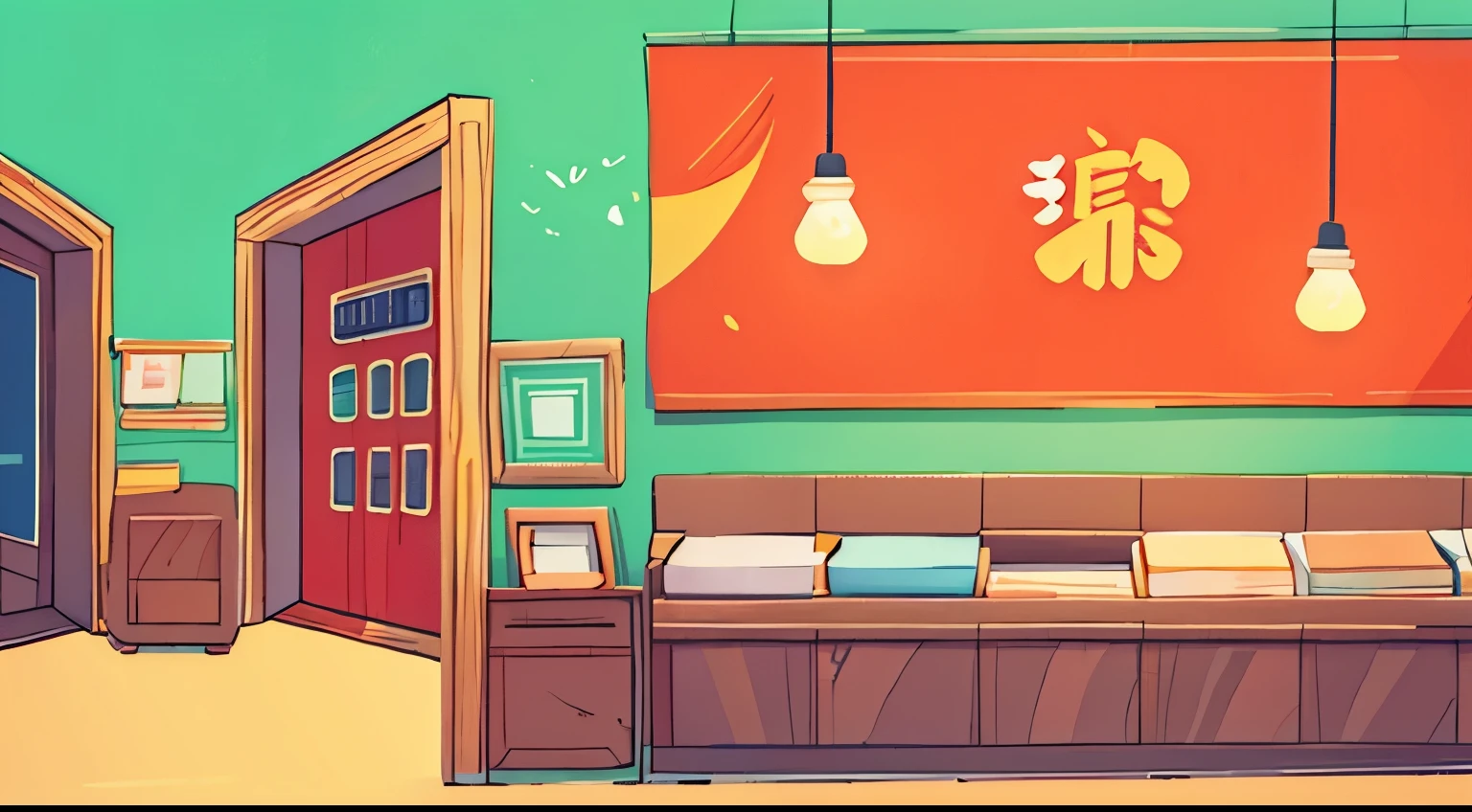 一种具有flatillustration、flat色块的中国illustration风格,Drawing of a building,Museum display stand,Warm colors,Flat style,illustration,flat,Mainly bright colors,Macaron color scheme,Light调,High Saturation,商业illustration风格,Strong hand-painted feel,Color coordination,Color premium,Light
