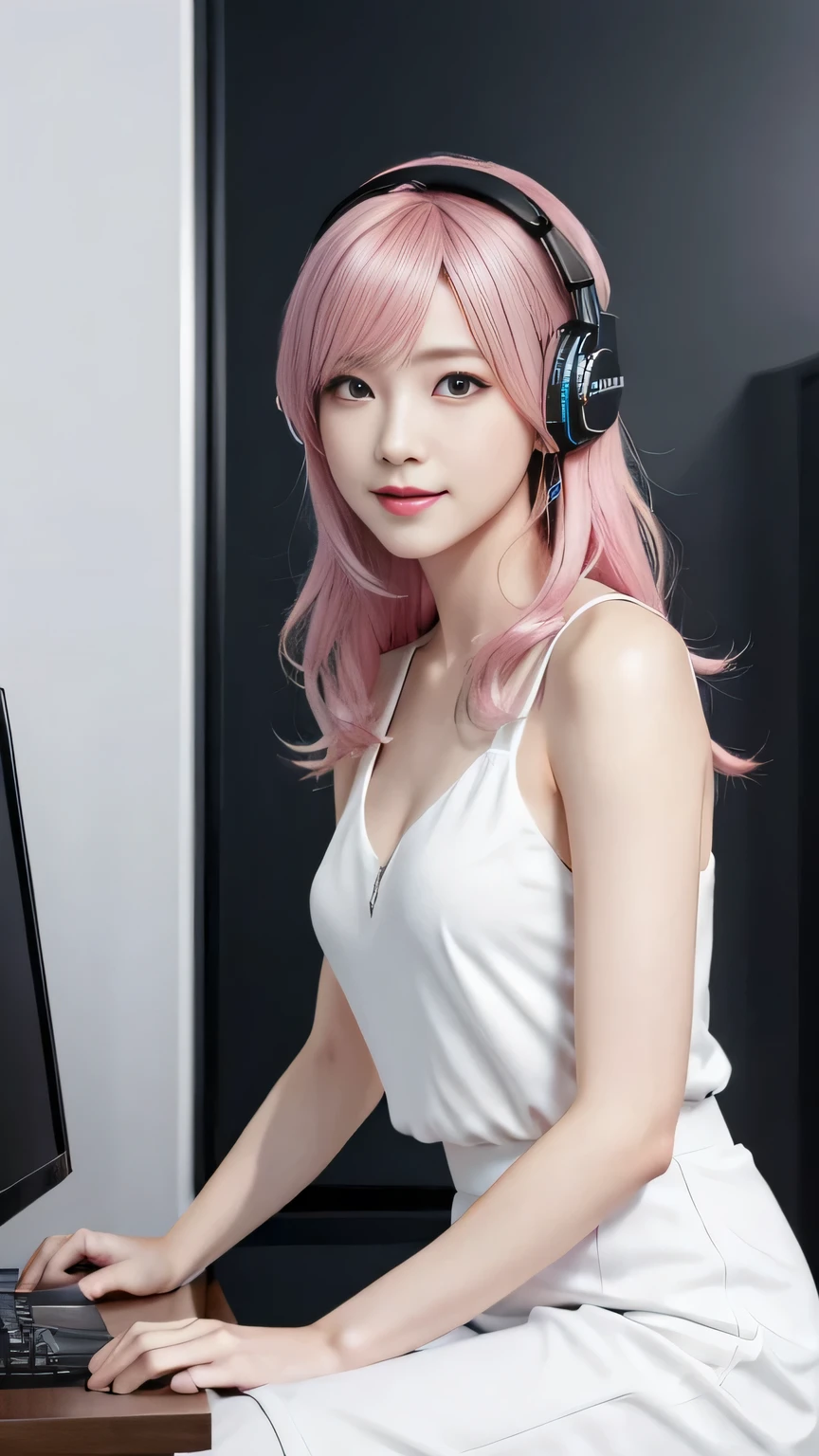 A woman with pink hair and a white dress, mini skirt、Anime realism style, Unreal 5. RPG Portrait, cgsociety portrait, Realistic art style, Smooth anime CG art, Photorealistic Anime Girl Rendering, Realistic anime 3D style, Loss Draw 1. 0, Realistic 3D animation, ArtJam ; 3d unreal engine, Realistic anime art style,The background is a karaoke box,Talking with the best smile、Wearing headphones、Working on a computer