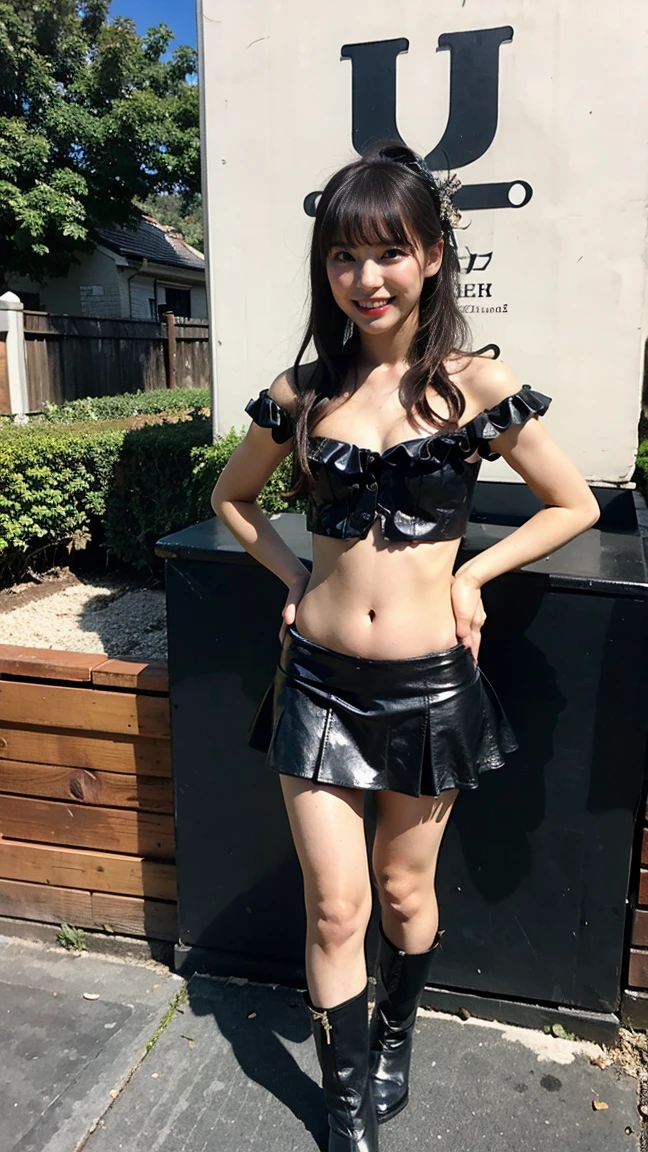 (8k、RAW Photos、Highest quality、masterpiece:1.2)、(Highest quality、Realistic)、1 Girl、((Frills、Tube top、mini skirt、leather、Off the shoulder、Idol Costume、ribbon、See-through、Thin legs、whole body、boots、garden、View from the front、Looking into the camera、Stand with hands on hips))、cute