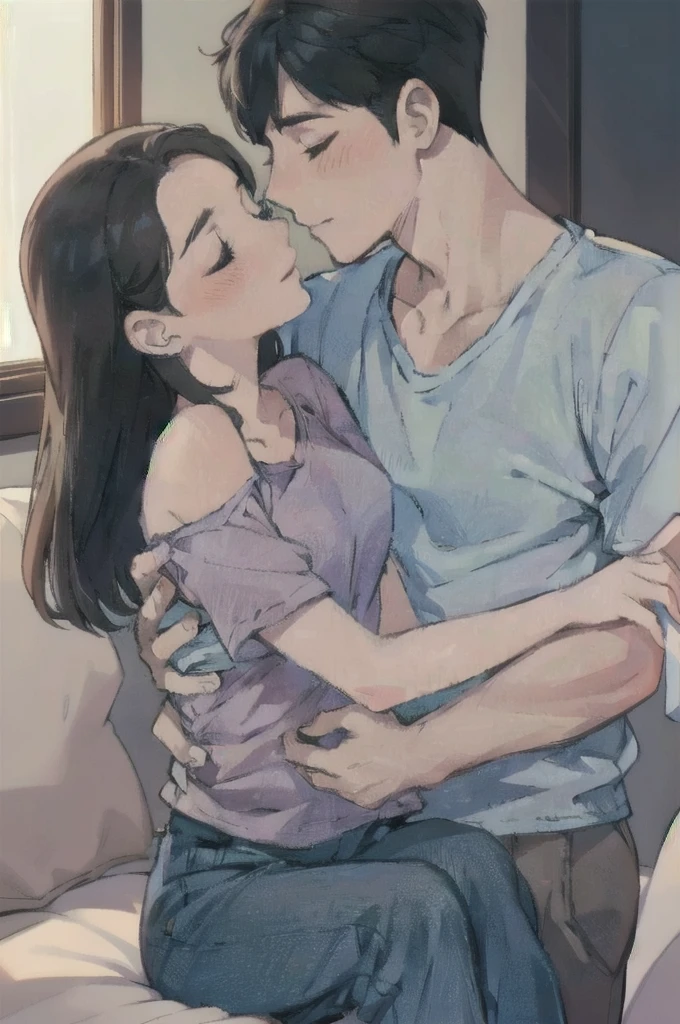 concept art,love theme,Illustration,1st son,1 woman,hug,hetero,brown hair,closed eyes,Topless Male,blush,black hair,Pajamas,blue pants,big bust,long hair,seat,clavicle,pants,couple,inside,medium hair,hazy,shirt,Putting your hand on someone else's shoulder,long short sleeve tee,Placing your hand on another person's chest,Short hair,