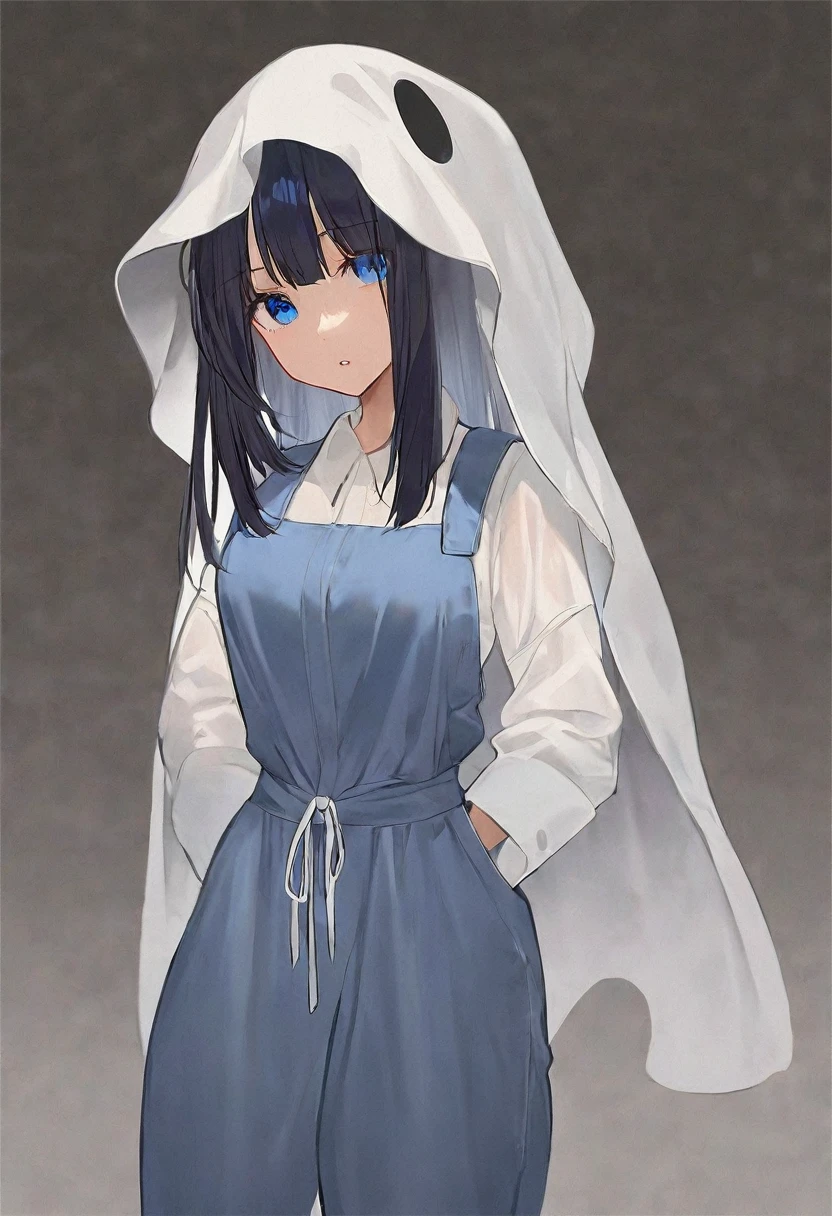 Black long hair,blue eyes,woman,Wearing a blue jumpsuit,The head is covered with white clothes,good body shape,It's a ghost