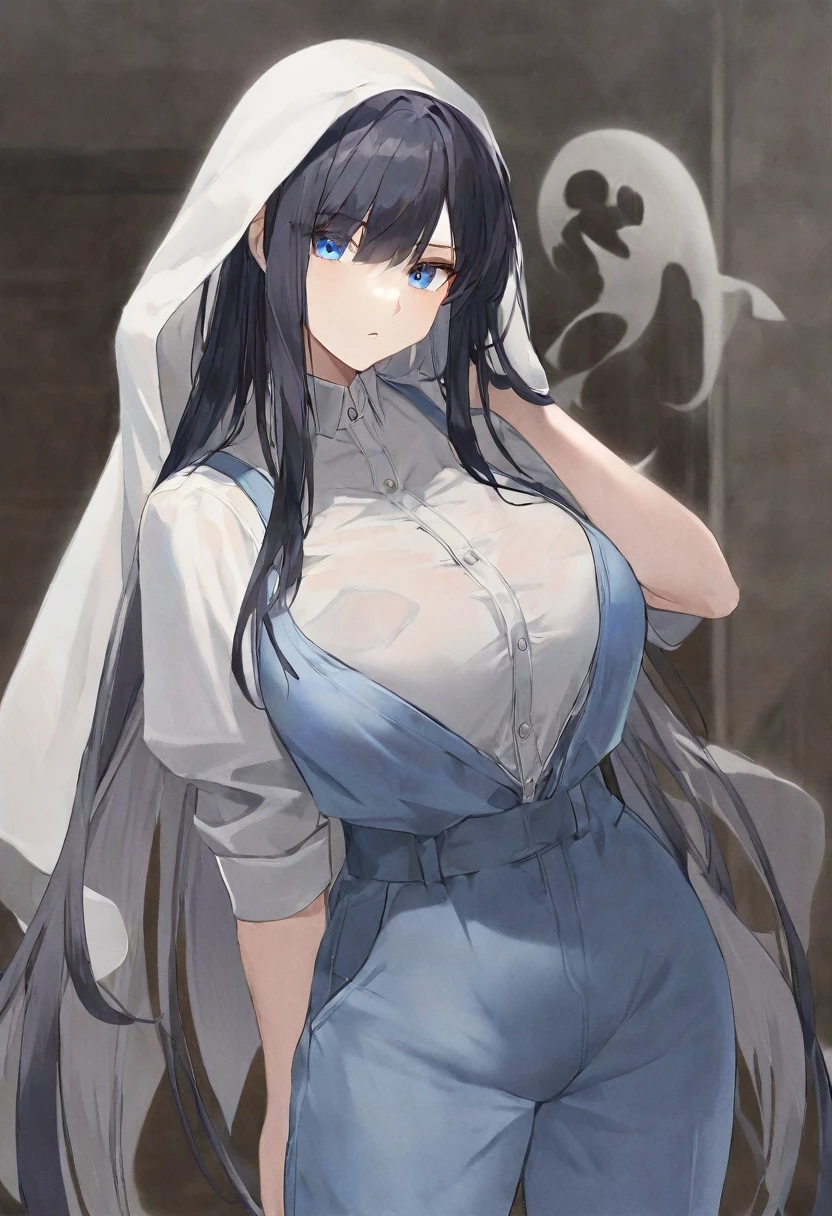 Black long hair，blue eyes，woman，Wearing a blue jumpsuit，The head is covered with white clothes，good body shape，It's a ghost