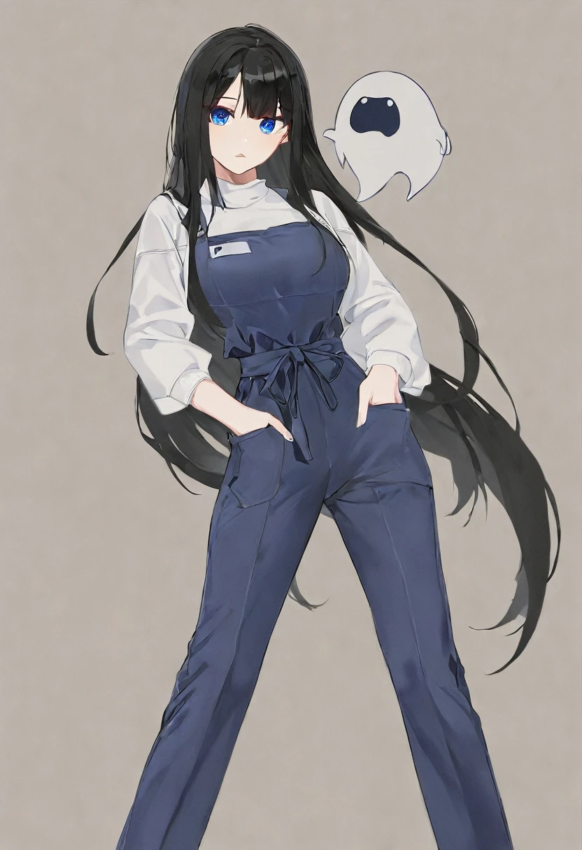 Black long hair,blue eyes,woman,Wearing a blue jumpsuit,The head is covered with white clothes,good body shape,It's a ghost