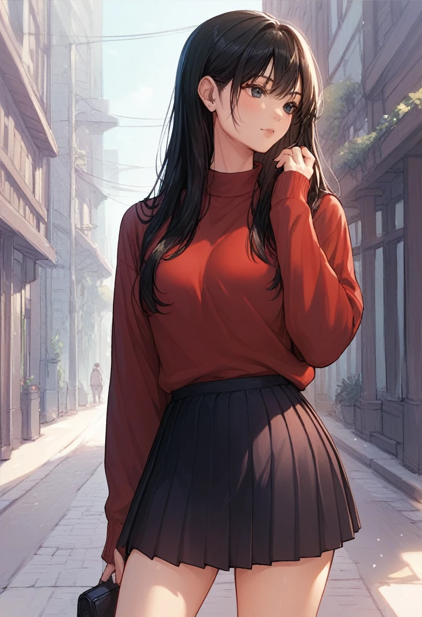 score_9, score_8_up, score_7_up, score_6_up, score_5_up, score_4_up, nari, black eyes, black hair, long hair, red sweater, long sleeves, black pleated skirt, standing,