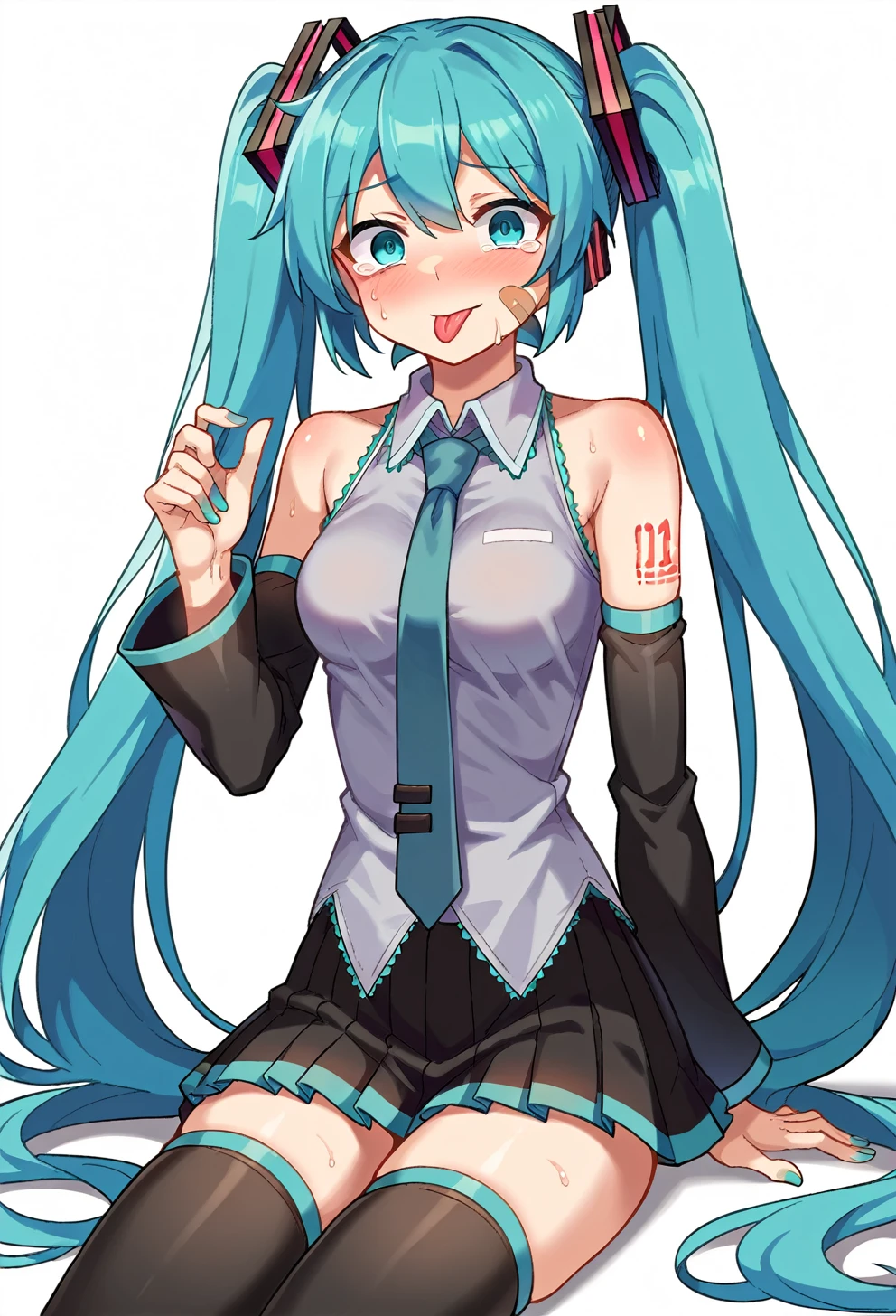 score_9, source_anime,
1girl, solo, hatsune miku, long hair, tongue, necktie, tongue out, twintails, skirt, thighhighs, detached sleeves, breasts, shirt, black thighhighs, very long hair, medium breasts, :p, tattoo, sitting, pleated skirt, bare shoulders, looking at viewer, black skirt, hair ornament, white background, grey shirt, nail polish, collared shirt, bangs, shoulder tattoo, zettai ryouiki, Face full of scars、Skin shiny with sweat、 injured scared girl、 crying wet bursting out eyes, real tears streaming down face, ultra-detailed eyes,bandaid on face,covered with mud,expression of despair,Illumination that emphasizes shiny sweat{{{Spread }}},(crotch rope walking:1.0), simple background, aqua hair, long sleeves, aqua eyes, hand up, sleeveless, akanbe, black sleeves