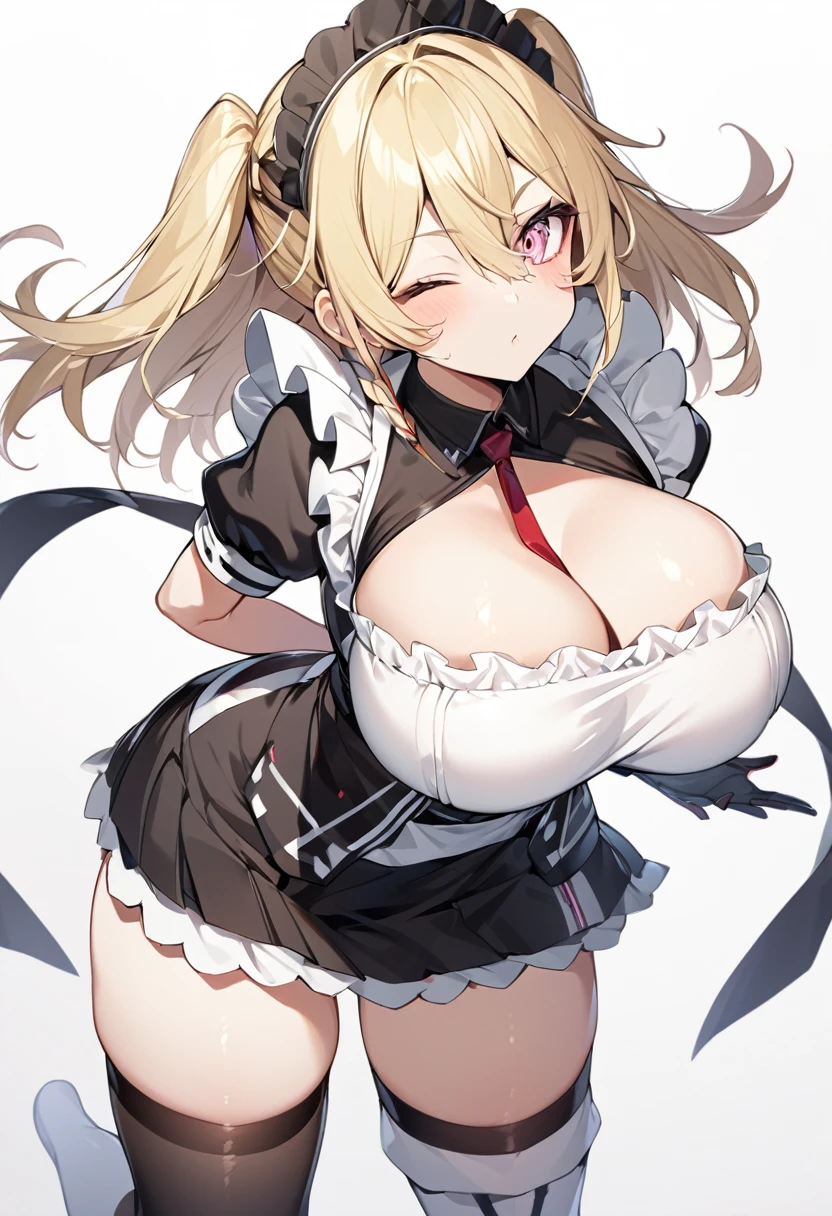 (One girl)、[medium length hair]、(sidelock)、((Blonde))、(slan eyes)、（boyish）、cute、(Big super breasts)、((Chubby))、Maid、No sleeve、mini skirt、White sleeveless、thigh-high socks thighhighs、(long gloves)、hairs between eyes、(coarse hair)、[flipped hair]、pink eye、expressionless、one eye closed、arm behind back、two side up、White Background、