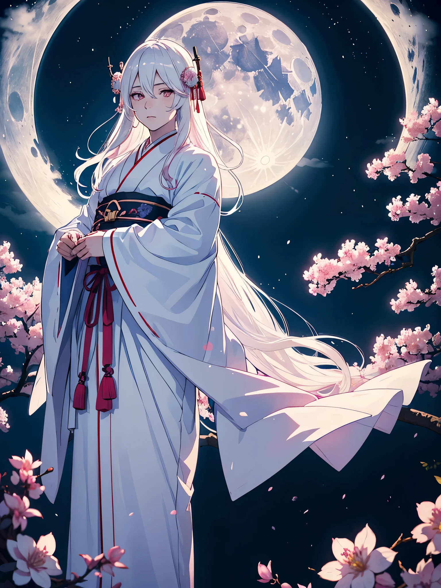 Männlich. Blaues Licht. Mann. Männlich. Boy. Tsukiyomi. japanese clothes. God of the Moon. long white hair. traditional clothing. divine. full moon. Pink flowers. at night. 