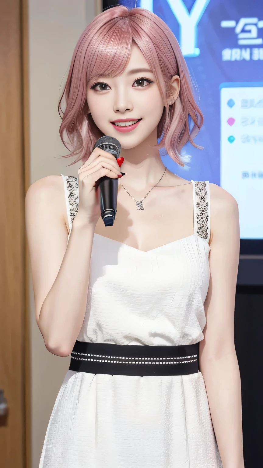 A woman with pink hair and a white dress, mini skirt、Anime realism style, Unreal 5. RPG Portrait, cgsociety portrait, Realistic art style, Smooth anime CG art, Photorealistic Anime Girl Rendering, Realistic anime 3D style, Loss Draw 1. 0, Realistic 3D animation, ArtJam ; 3d unreal engine, Realistic anime art style,The background is a karaoke box,Talking with the best smile、singing a song with a microphone