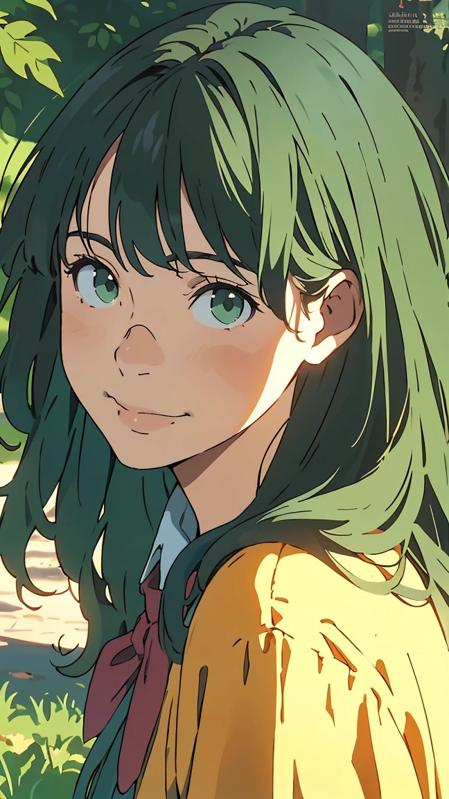facial expression sheet, green eyes, (green hair), ((wavy hair)), uniform, one girl, one person, very beautiful, best quality, great quality, curated, shapes, very detailed, anime coloring, very detailed, official art, warm tones, sun flare, soft shadows, vibrant colors, very detailed, official art, ((hairstyle with bangs)), facial expression pattern, smiling face,