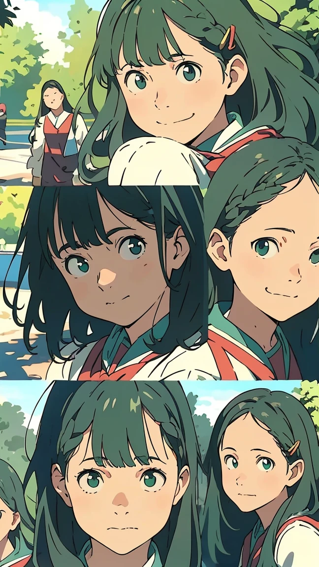 facial expression sheet, green eyes, (green hair), ((wavy hair)), uniform, one girl, one person, very beautiful, best quality, great quality, curated, shapes, very detailed, anime coloring, very detailed, official art, warm tones, sun flare, soft shadows, vibrant colors, very detailed, official art, ((hairstyle with bangs)), facial expression pattern, smiling face,