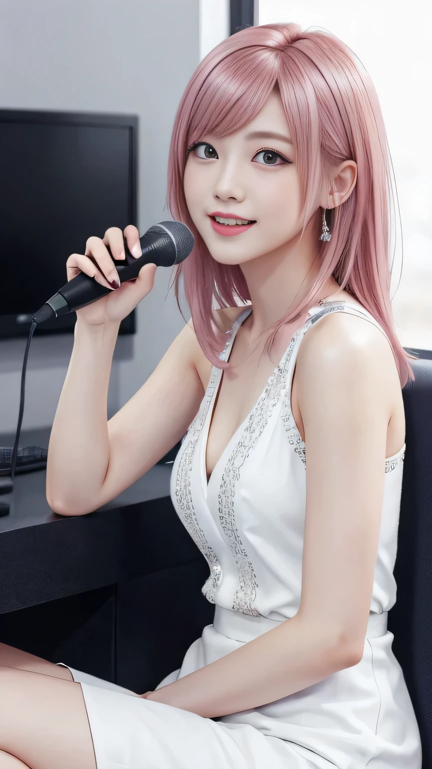 A woman with pink hair and a white dress, mini skirt、Anime realism style, Unreal 5. RPG Portrait, cgsociety portrait, Realistic art style, Smooth anime CG art, Photorealistic Anime Girl Rendering, Realistic anime 3D style, Loss Draw 1. 0, Realistic 3D animation, ArtJam ; 3d unreal engine, Realistic anime art style，The background is a karaoke box，Talking with the best smile、singing a song with a microphone